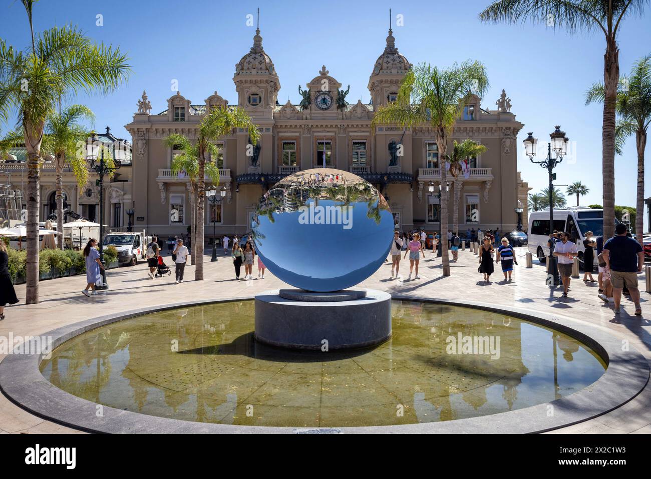 The Sky Mirror sculpture by Anish Kapoor stands in front of the Casino in Monte Carlo, Monaco, where only foreigners are allowed to bet Stock Photo