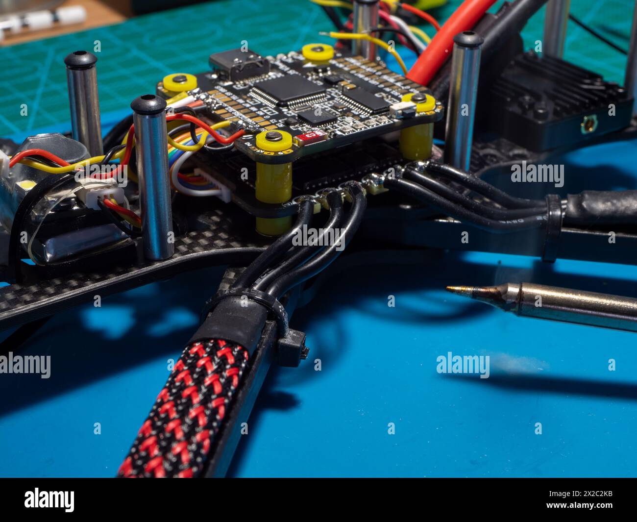Close-up of the FPV drone assembly. Hobbies and UAV engineering. Stock Photo