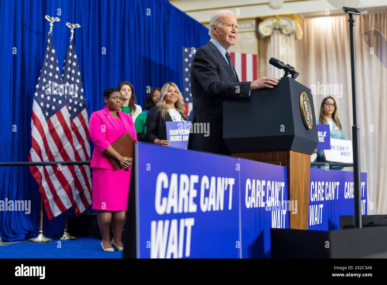 Washington, United States of America. 09 April, 2024. U.S President Joe Biden delivers remarks on investments in caregiving and care workers at a “Care Can’t Wait” event at Union Station, April 9, 2024 in Washington, D.C. Credit: Cameron Smith/White House Photo/Alamy Live News Stock Photo