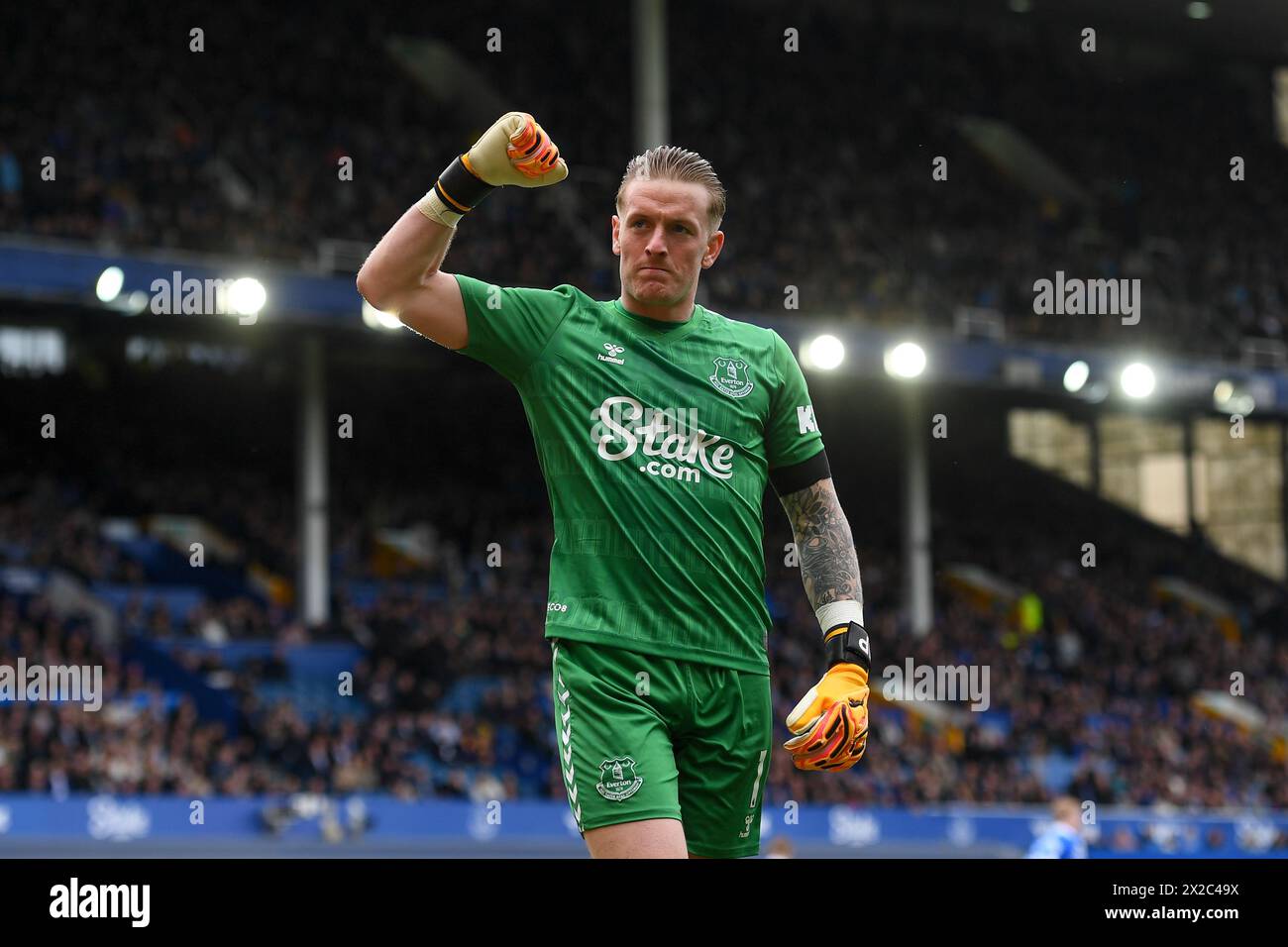 Jordan Pickford Of Everton Gestures To His Teams Supporters During The 