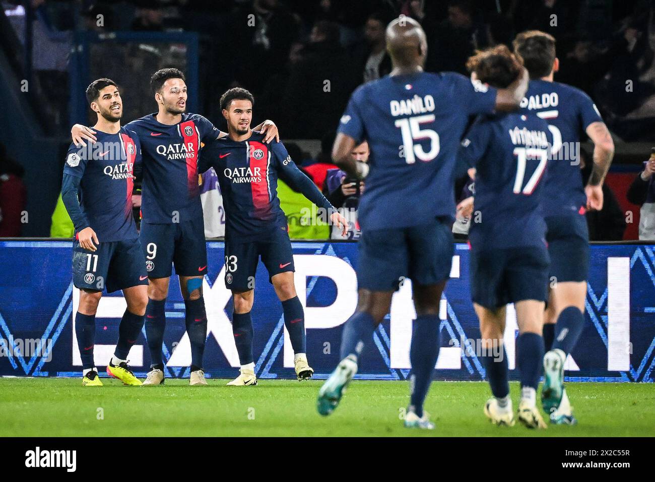 Goncalo RAMOS of PSG celebrate his goal with Marco ASENSIO of PSG, Warren ZAIRE-EMERY of PSG and teammates during the French championship Ligue 1 football match between Paris Saint-Germain and Olympique Lyonnais (Lyon) on April 21, 2024 at Parc des Princes stadium in Paris, France Stock Photo