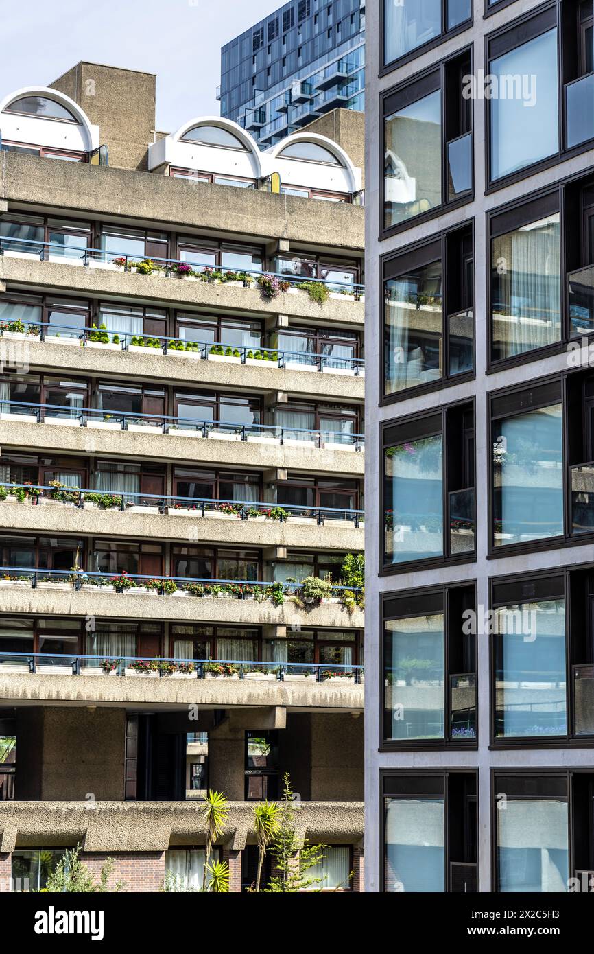 Brutalist style Andrewes House and contemporary Roman House around the Barbican Estate, London ...