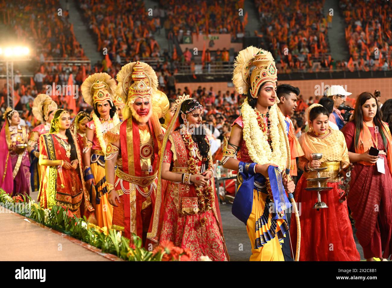 New Delhi, India. 21st Apr, 2024. NEW DELHI, INDIA - APRIL 21: Artists dressed up as Lord Sri Ram Sita during 'Hindu Nav Varsh' function at Indira Gandhi Indoor stadium on April 21, 2024 in New Delhi, India. Ahead of the Lok Sabha polls in the national capital, the Delhi BJP hosted a mega conclave of Hindu priests, saints and seers to celebrate the Hindu new year and construction of the Ram temple in Ayodhya, at the IGI stadium. (Photo by Arvind Yadav/Hindustan Times/Sipa USA ) Credit: Sipa USA/Alamy Live News Stock Photo