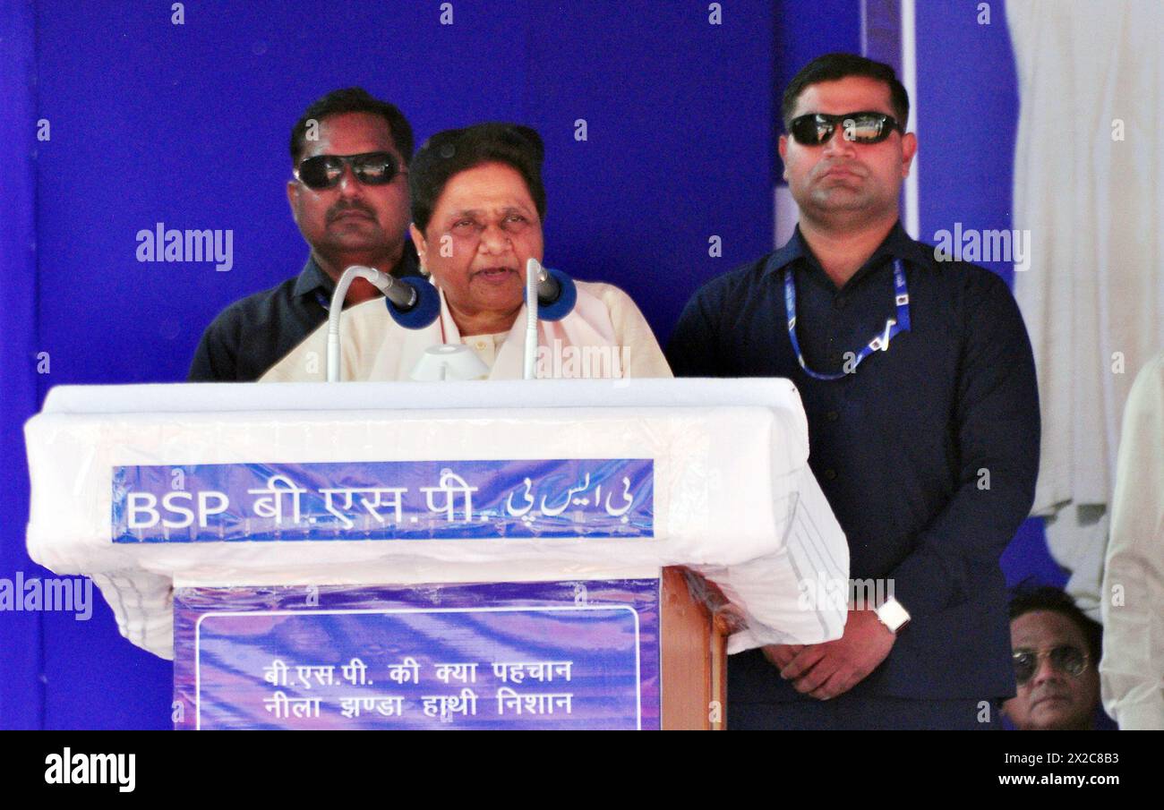 GHAZIABAD, INDIA - APRIL 21: Bahujan Samaj Party's national president Mayawati addresses an election rally at Kavi Nagar Ramlila Ground, on April 21, 2024 in Ghaziabad, India. She said that if electronic voting machines (EVMs) are not tampered with, it will be 'difficult' for the ruling BJP to win the Lok Sabha polls this time. She also hit out at the BJP, saying 'due to the casteist, capitalist and communal policies of the BJP', the party will have to face a tough fight in this parliamentary election. (Photo by Sakib Ali/Hindustan Times/Sipa USA ) Credit: Sipa USA/Alamy Live News Stock Photo