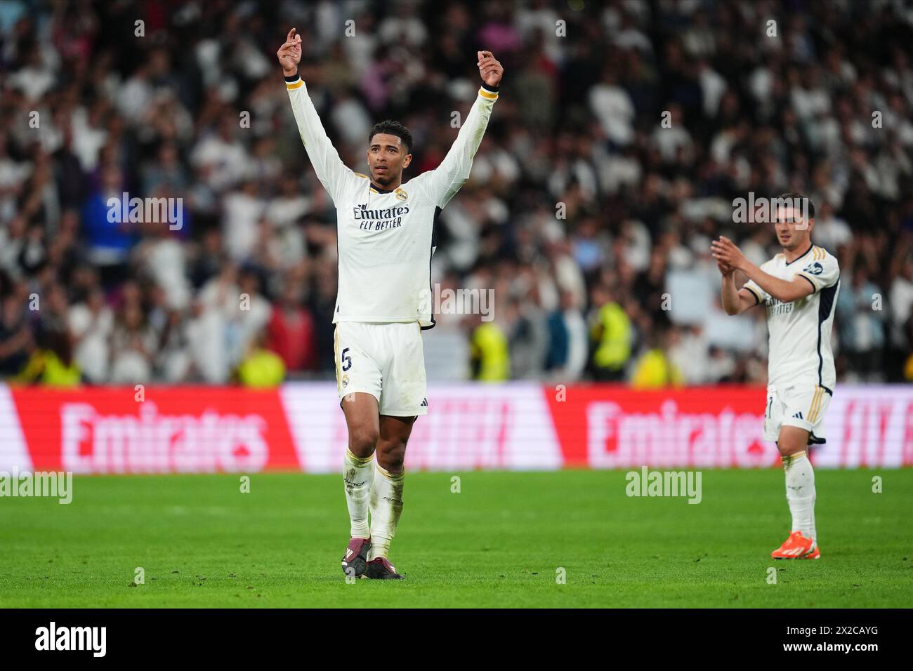 Madrid, Spain. 21st Apr, 2024. Jude Bellingham of Real Madrid celebrating at full time during the La Liga match between Real Madrid and FC Barcelona played at Santiago Bernabeu Stadium on April 21, 2024 in Madrid, Spain. (Photo by Bagu Blanco/PRESSINPHOTO) Credit: PRESSINPHOTO SPORTS AGENCY/Alamy Live News Stock Photo