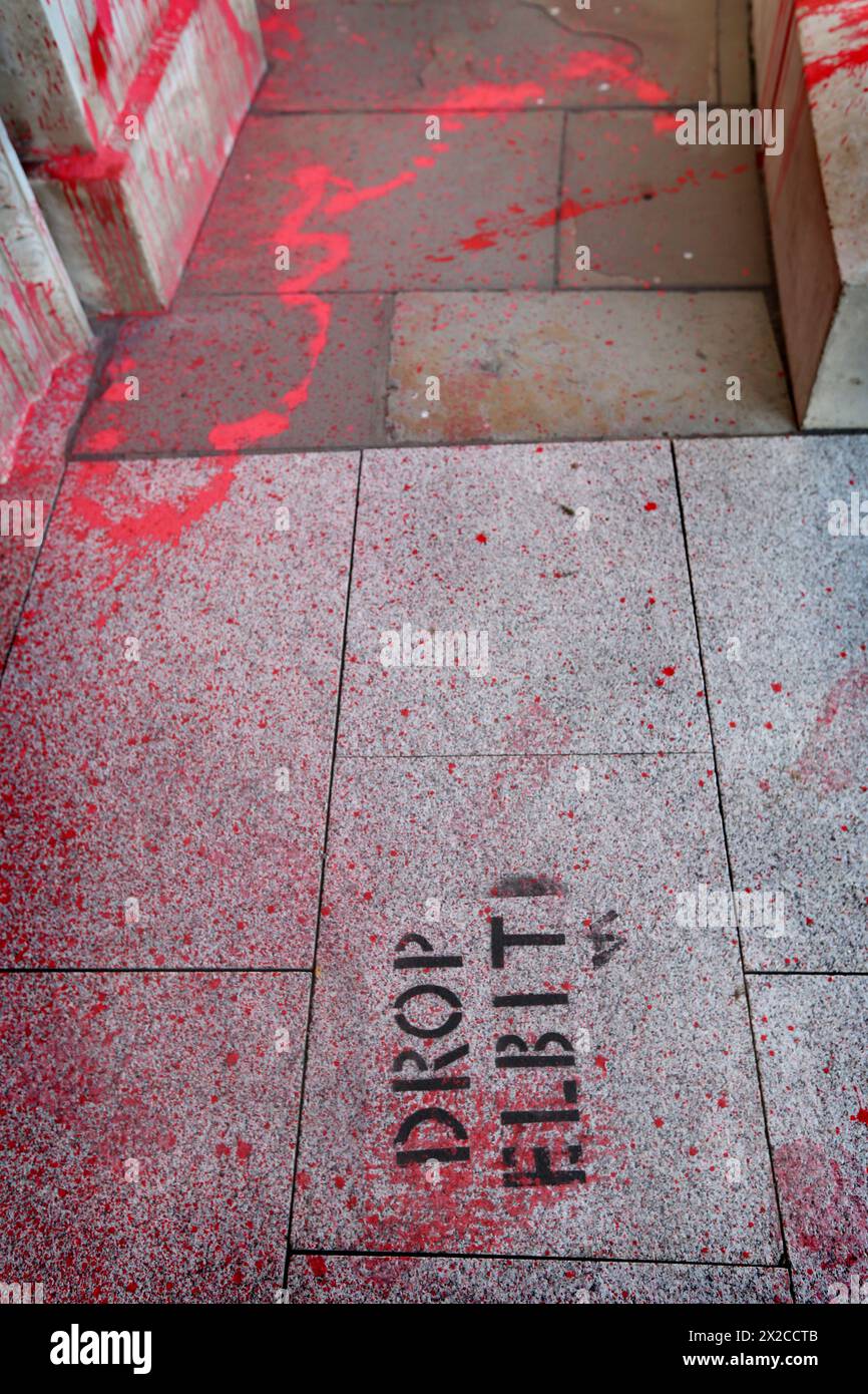 Red paint coats the floor at the entrance of County Hall and the words ‘Drop Elbit’ can be seen sprayed on the floor. Activists from Palestine Action leave the exterior of the County Hall building covered in red paint and graffiti after the nighttime attack. This is the third action in the space of a month. The protesters demand that Somerset Council terminate the lease on office space they let to Elbit Systems in Aztec West, Bristol. They argue that weapons made by Elbit Systems in the UK are being used by the Israel  Defence Force against Palestinians in Gaza and elsewhere. Israeli bombing i Stock Photo