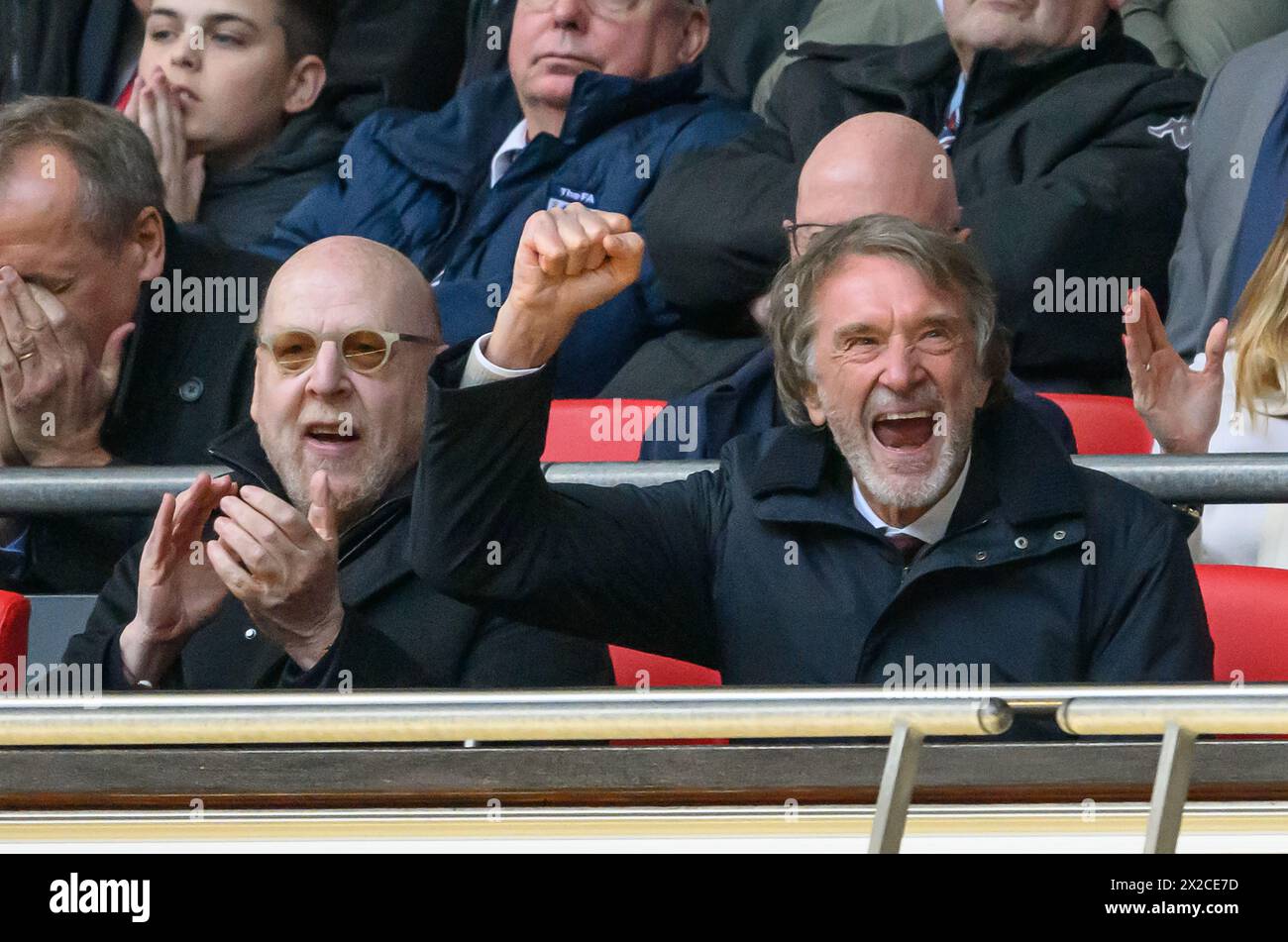 London, UK. 21st Apr, 2024  - Manchester United v Coventry City - FA Cup Semi-Final - Wembley.                                                        Manchester United co-owners Sir Jim Ratcliffe and Avram Glazer celebrate an extra-time victory during the match at Wembley.                                        Picture Credit: Mark Pain / Alamy Live News Stock Photo