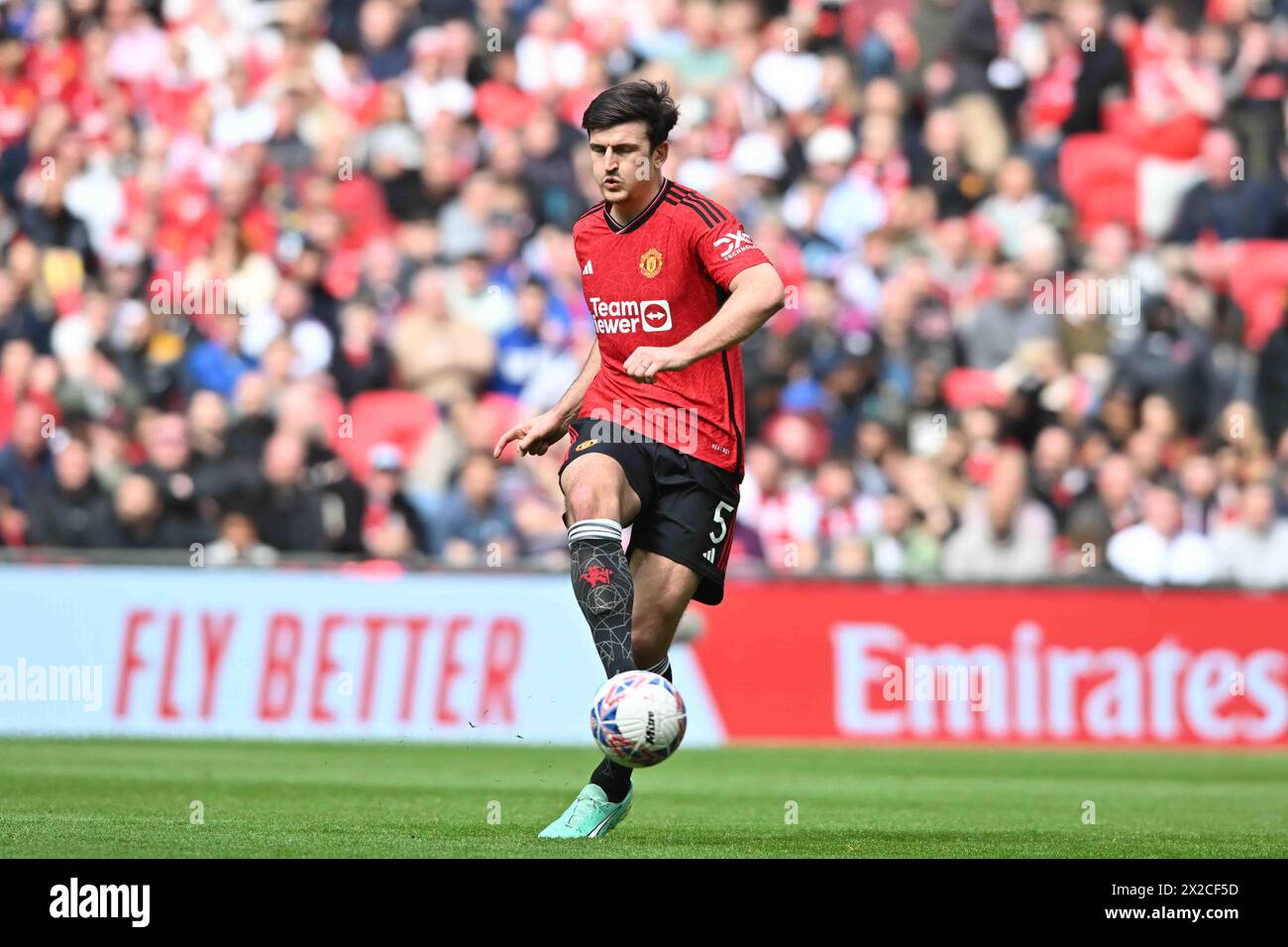 Wembley Stadium, London on Sunday 21st April 2024. Harry Maguire (5 Manchester United) Passes the ball during the FA Cup Semi Final match between Coventry City and Manchester City at Wembley Stadium, London on Sunday 21st April 2024. (Photo: Kevin Hodgson | MI News) Credit: MI News & Sport /Alamy Live News Stock Photo