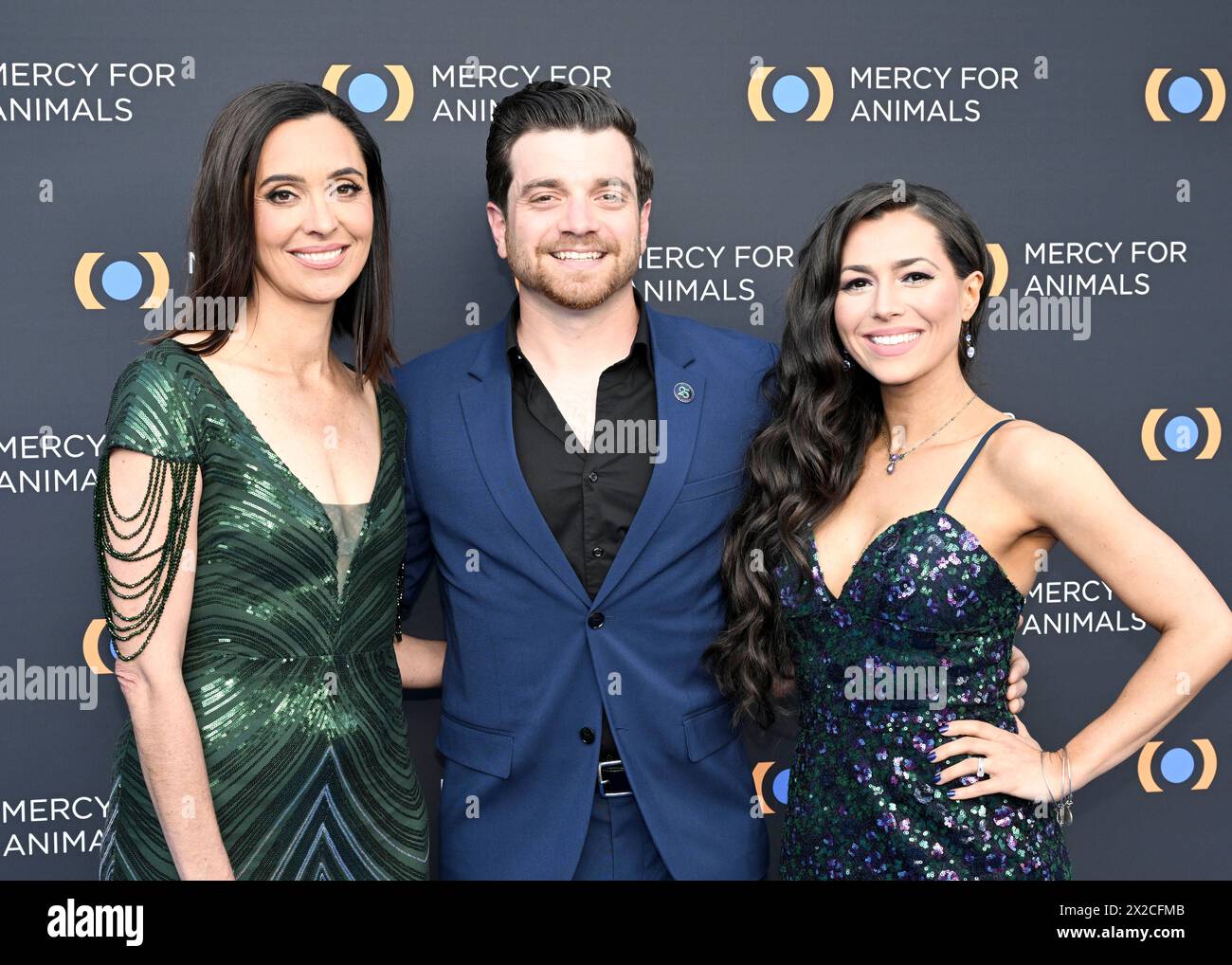 April 20, 2024, Los Angeles, California, U.S.: Leah Garces, Steve Sterlacci and Jessica Lynn attend the 25th Mercy for Animals Gala Celebration at Rolling Greens. (Credit Image: © Billy Bennight/ZUMA Press Wire) EDITORIAL USAGE ONLY! Not for Commercial USAGE! Stock Photo