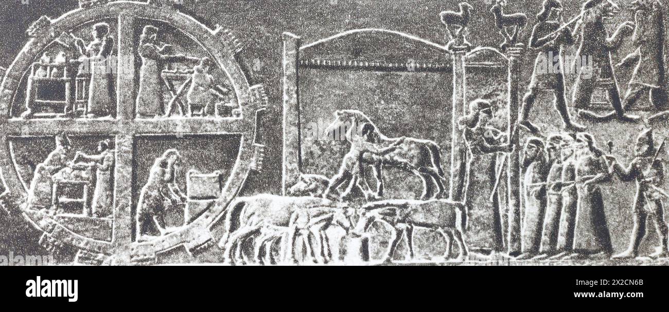 Assyrian military camp. Relief from Nimrud. Photograph from the mid-20th century. Stock Photo
