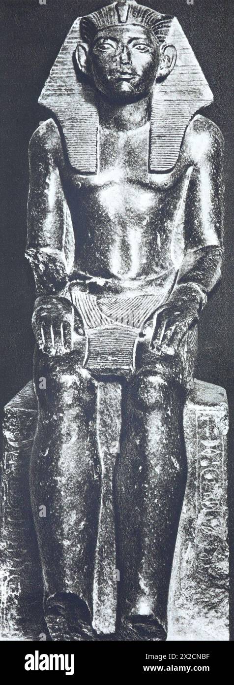 Pharaoh Amenemhat III. Black granite statue. Photo from the mid-20th century. Stock Photo