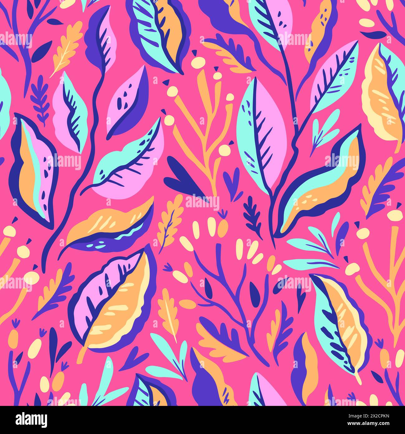 Colorful doodle botanical pattern. Vector print with hand-drawn simple plant elements Stock Vector