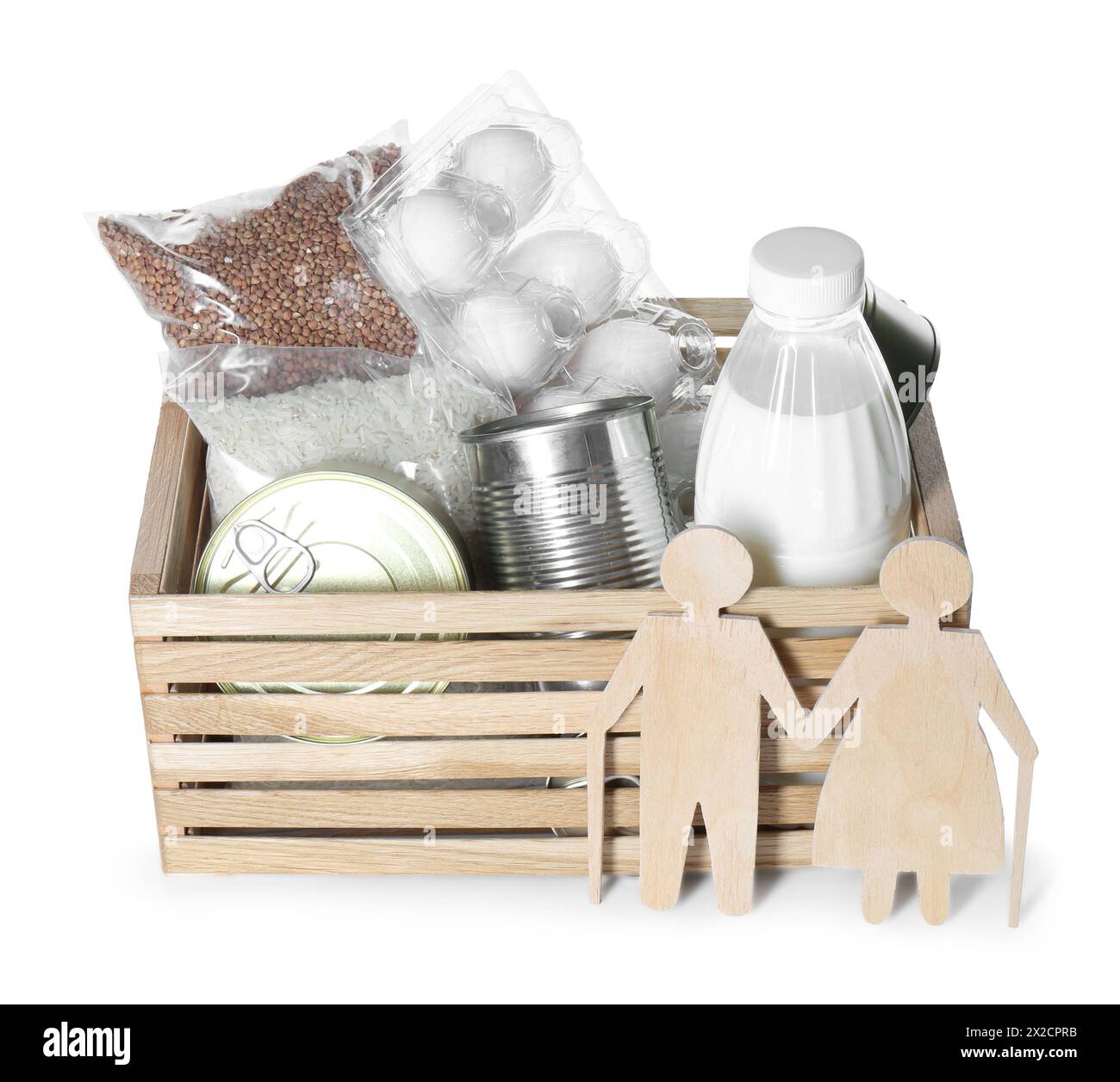 Humanitarian aid for elderly people. Donation box with food products