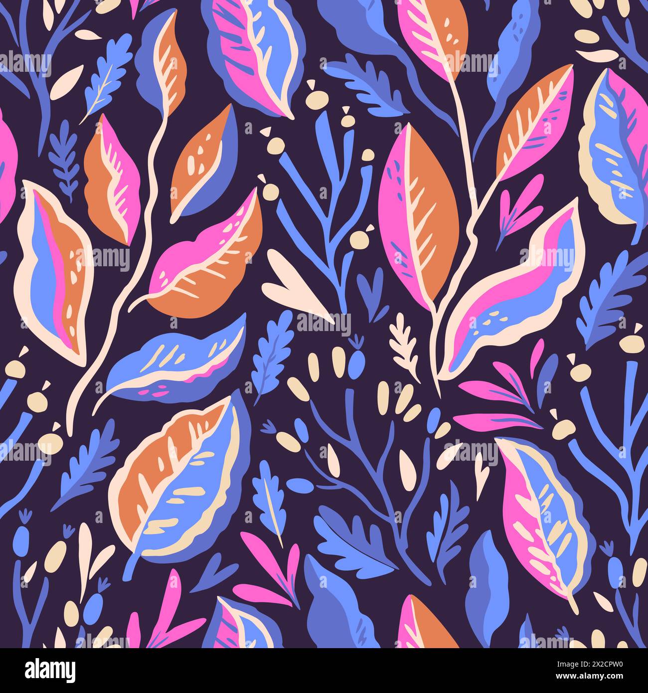 Colorful doodle botanical pattern. Vector print with hand-drawn simple plant elements Stock Vector