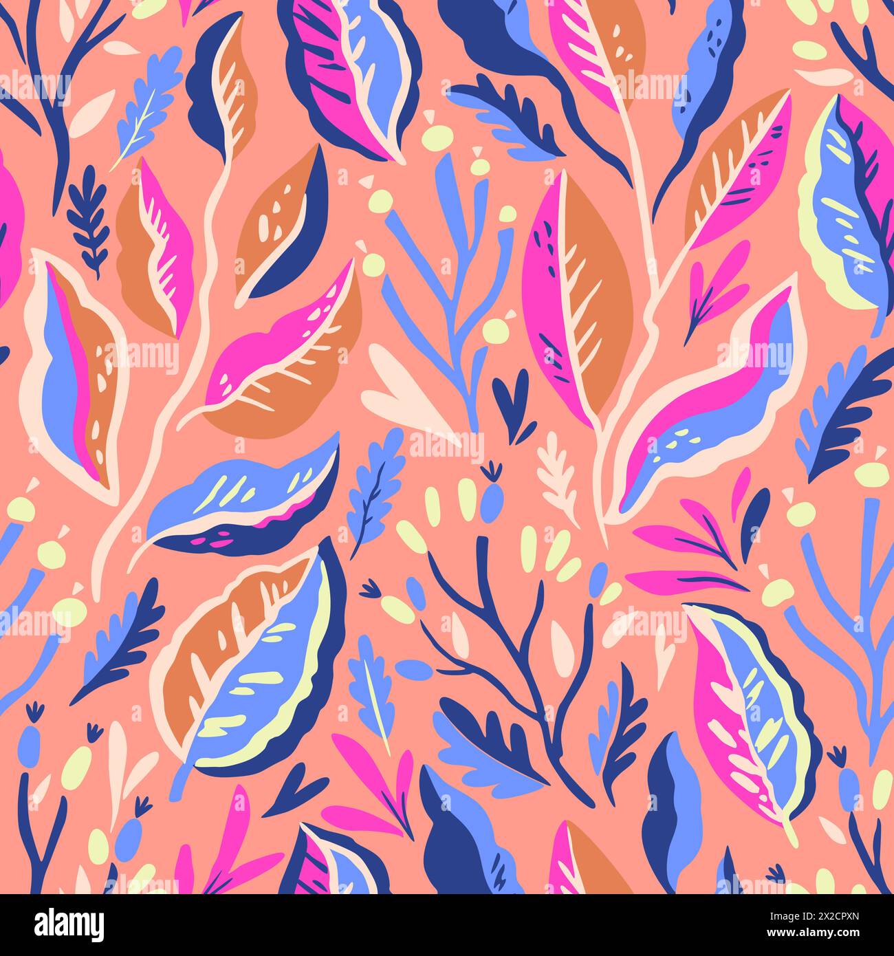Colorful doodle botanical pattern. Vector print with hand-drawn simple plant elements Stock Vector
