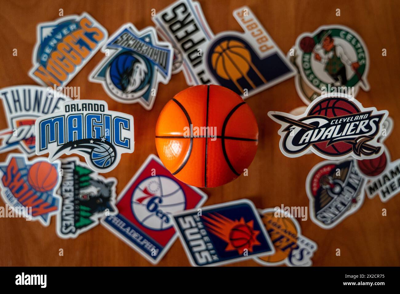 April 21, 2024, Springfield, United States. Emblems of the basketball clubs of the Cleveland Cavaliers and Orlando Magic playoff participants Stock Photo