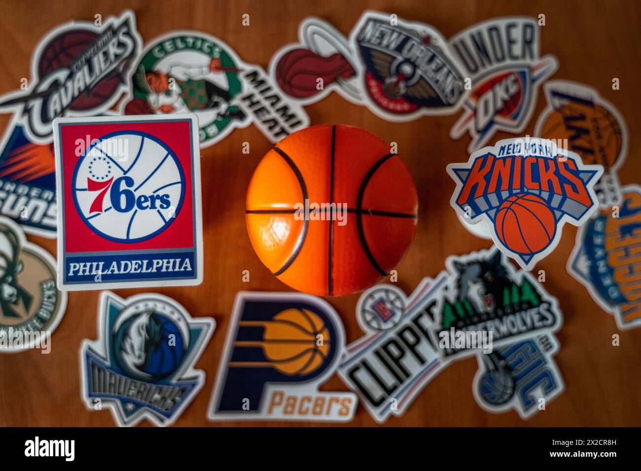 April 21, 2024, Springfield, United States. The emblems of the basketball clubs of the playoff participants Philadelphia 76ers and New York Knicks Stock Photo