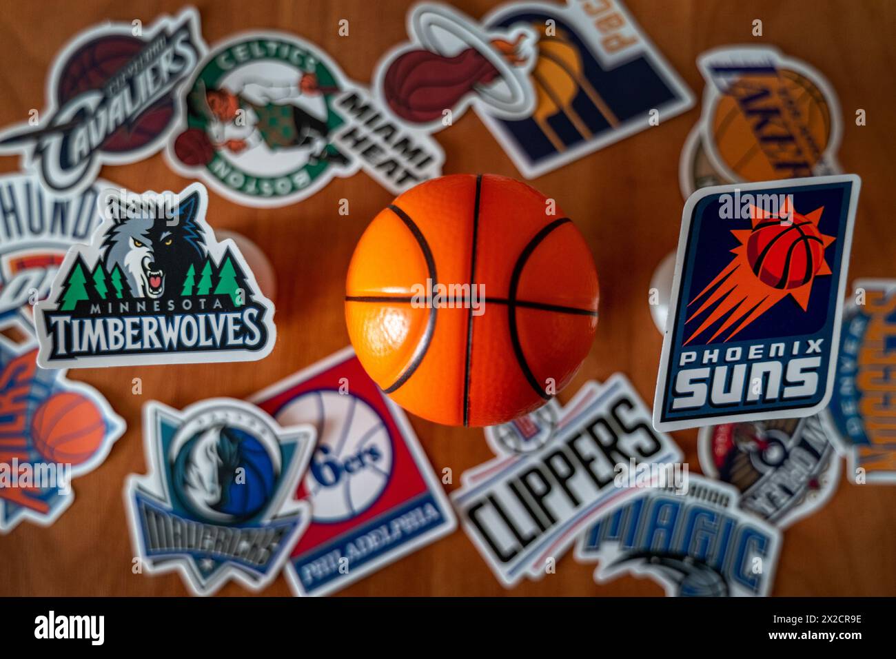 April 21, 2024, Springfield, United States. Emblems of the Phoenix Suns and Minnesota Timberwolves basketball clubs participating in the playoffs Stock Photo