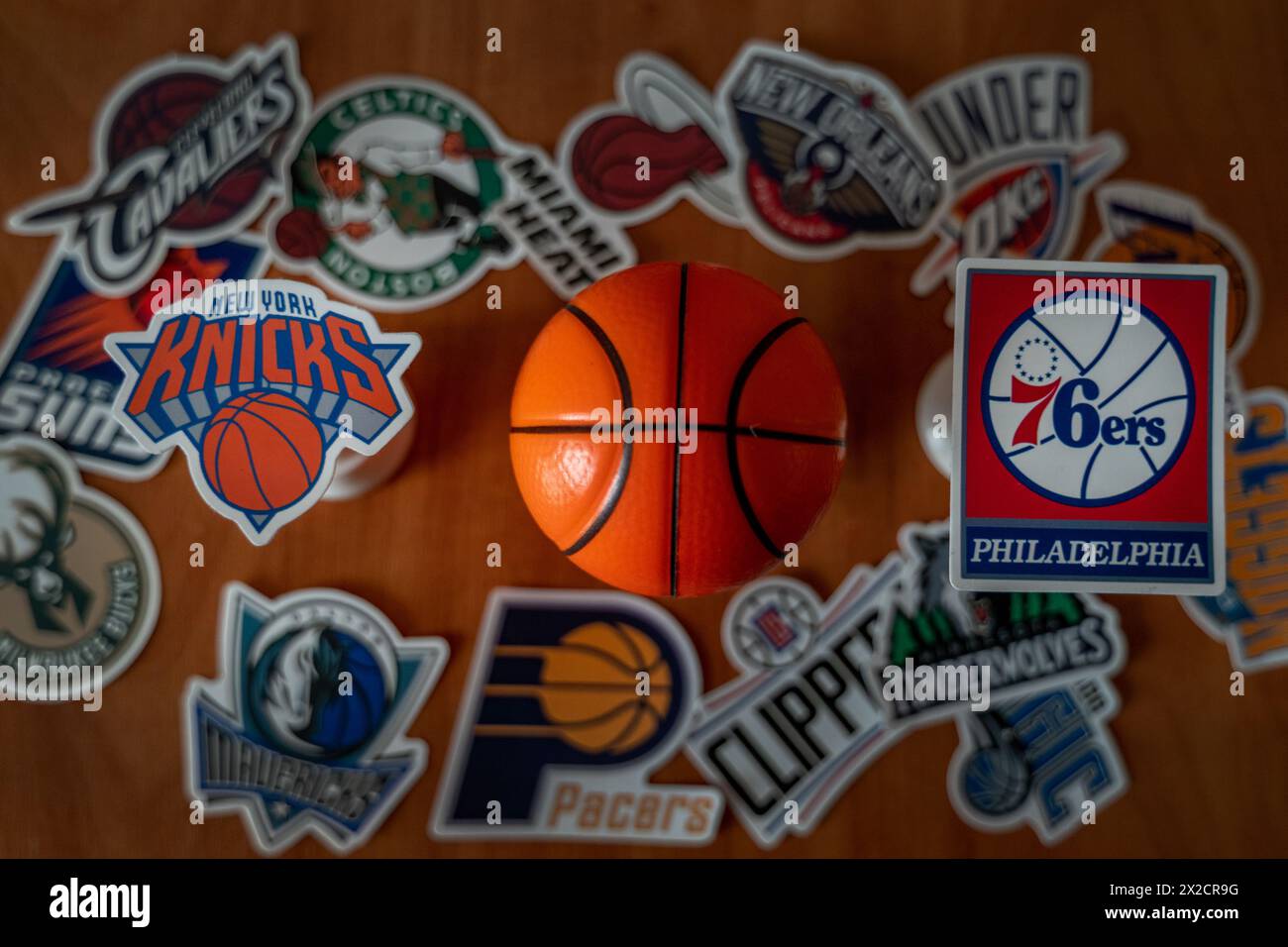 April 21, 2024, Springfield, United States. The emblems of the basketball clubs of the playoff participants Philadelphia 76ers and New York Knicks Stock Photo