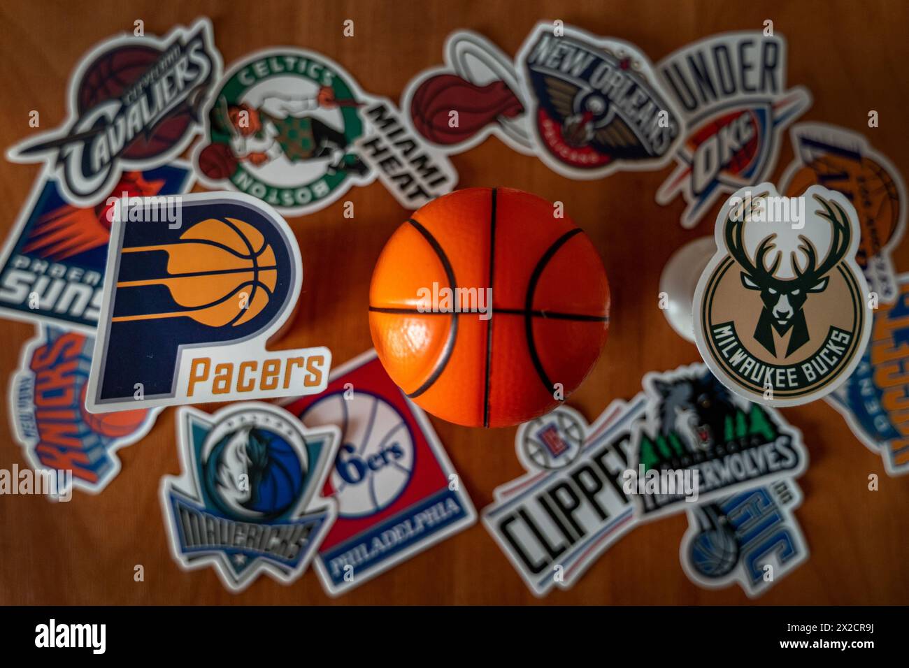 April 21, 2024, Springfield, United States. The emblems of the basketball clubs participating in the Indiana Pacers and Milwaukee Bucks playoffs Stock Photo
