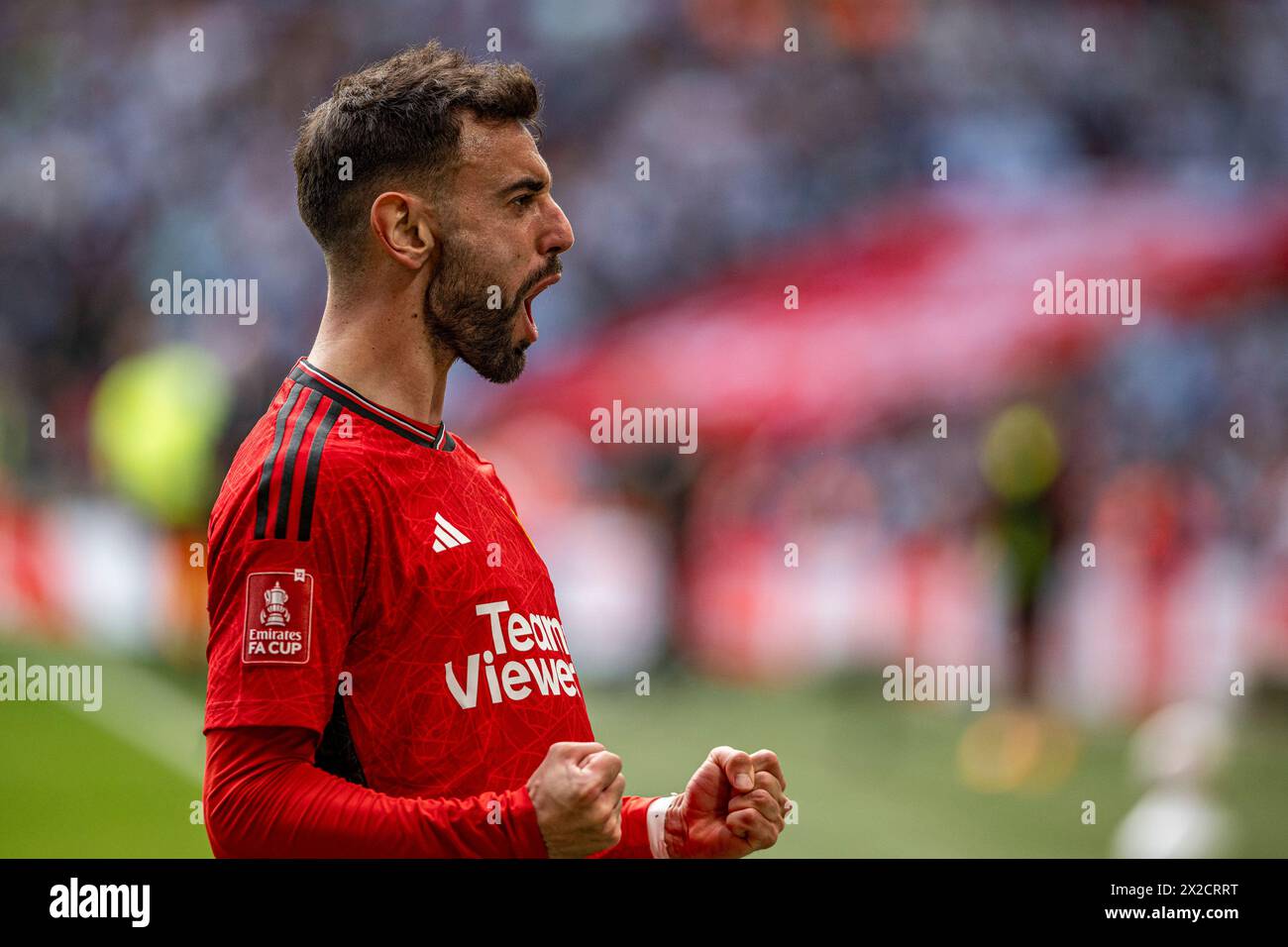 London, UK. 21st Apr, 2024. Bruno Fernandes of Man Utd celebrates after