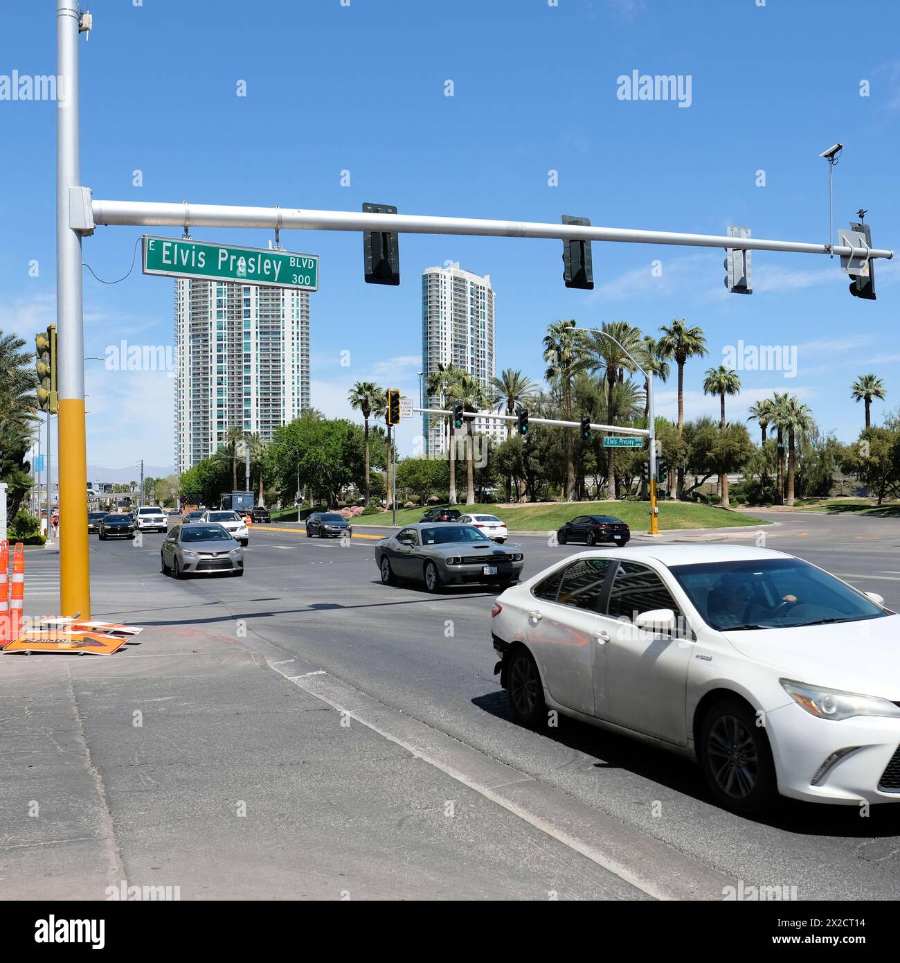Intersection of Elvis Presley Boulevard (formerly Riviera Boulevard) and Paradise Road in Las Vegas, Nevada; renamed in honor of The King. Stock Photo