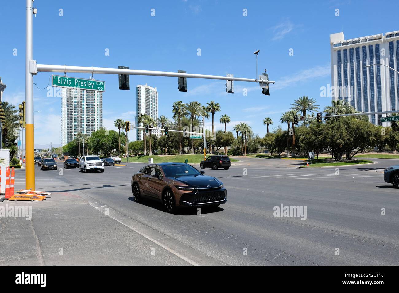 Intersection of Elvis Presley Boulevard (formerly Riviera Boulevard) and Paradise Road in Las Vegas, Nevada; renamed in honor of The King. Stock Photo