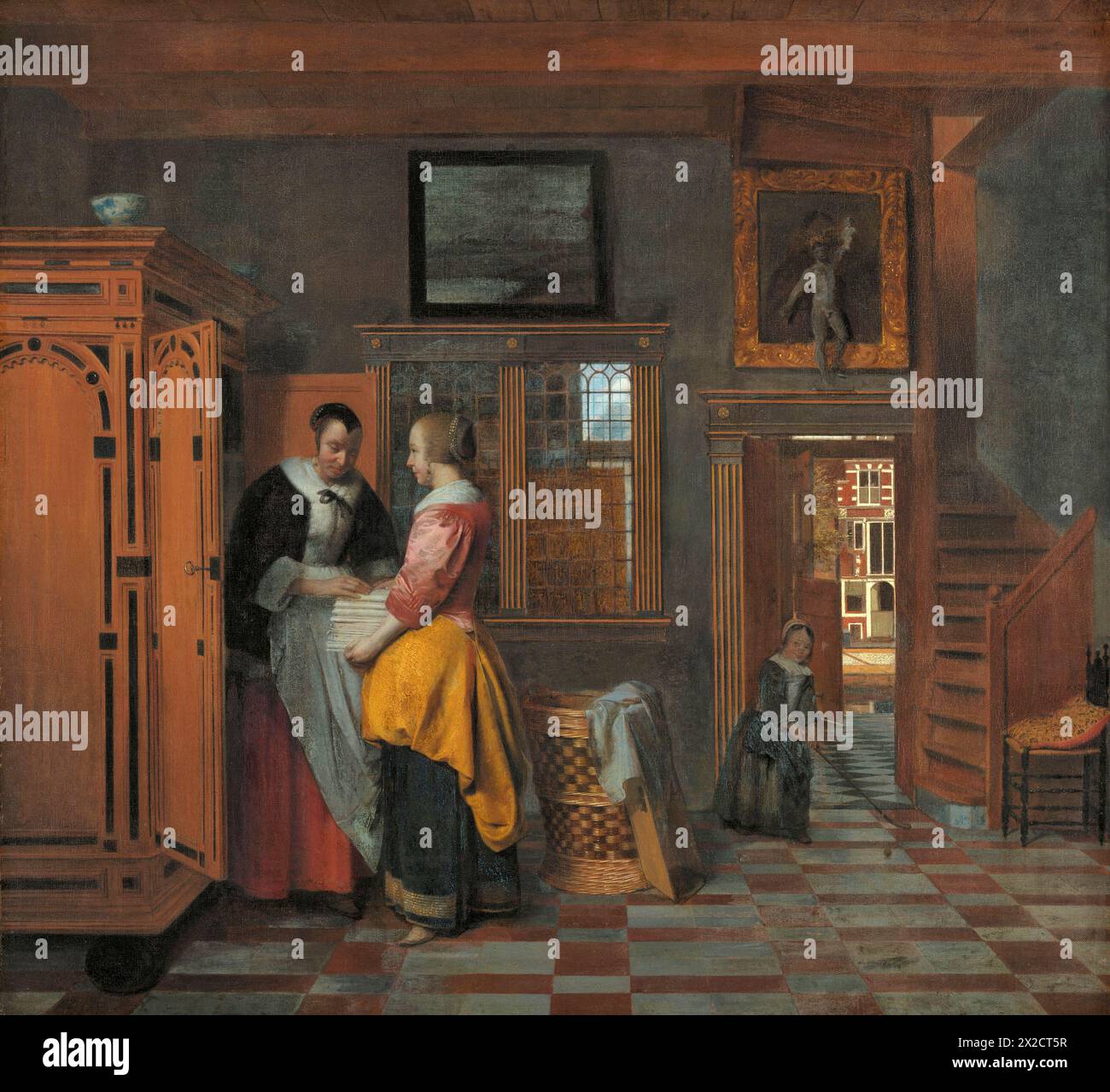 Painting of Interior with Women beside a Linen Cupboard, by Dutch painter Pieter de Hooch, 1663 art artwork masterpiece classic historical picture Stock Photo