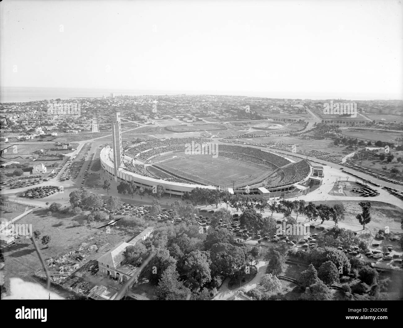 Old photograph of the Centenario stadium in Montevideo Uruguay. The photograph is from 1937, Park Batlle and Pocitos neighbourhoods. Stock Photo