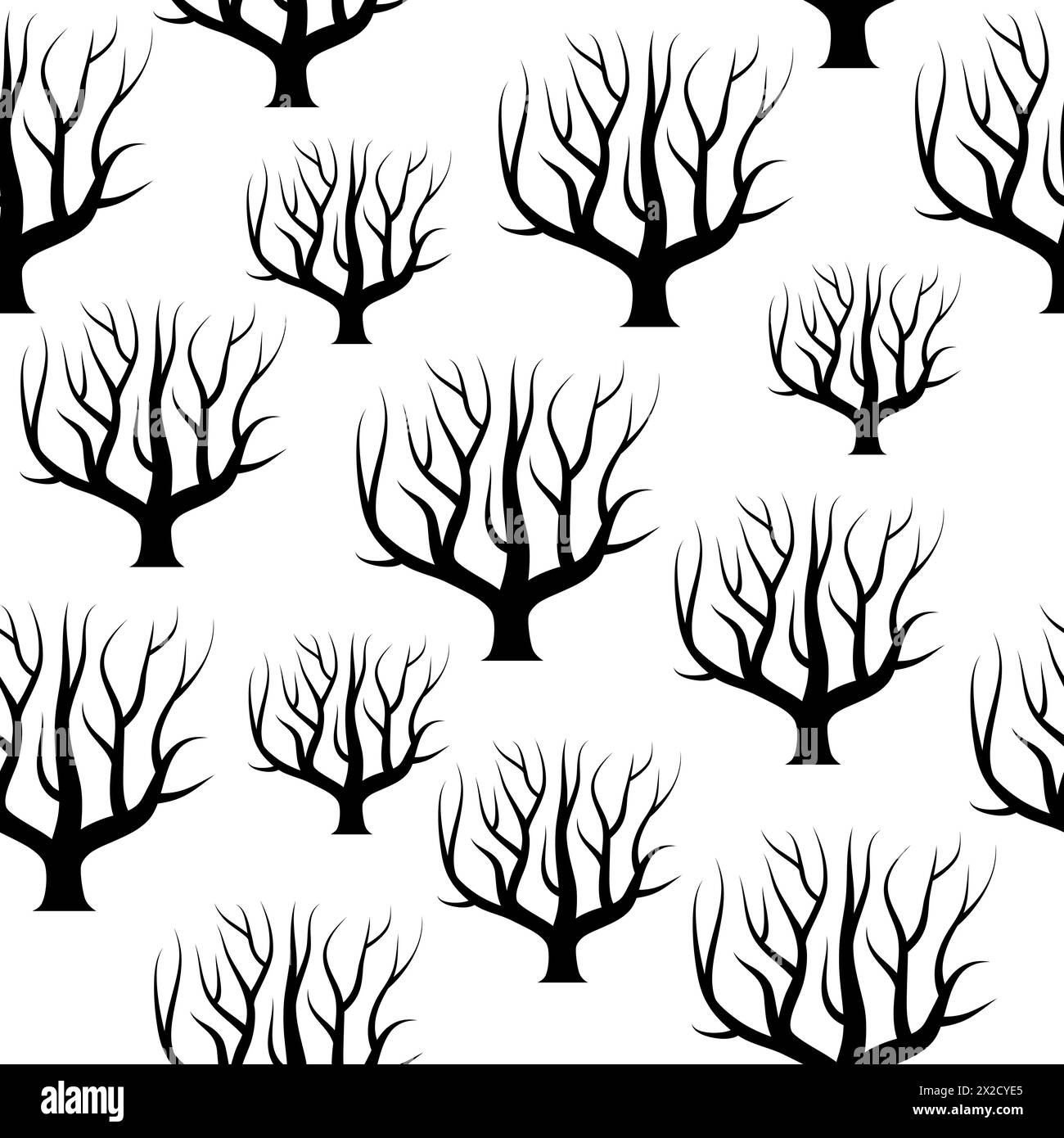 Seamless black and white curved trees without leaves backgrounds. Vector forest seamless texture. Stock Vector