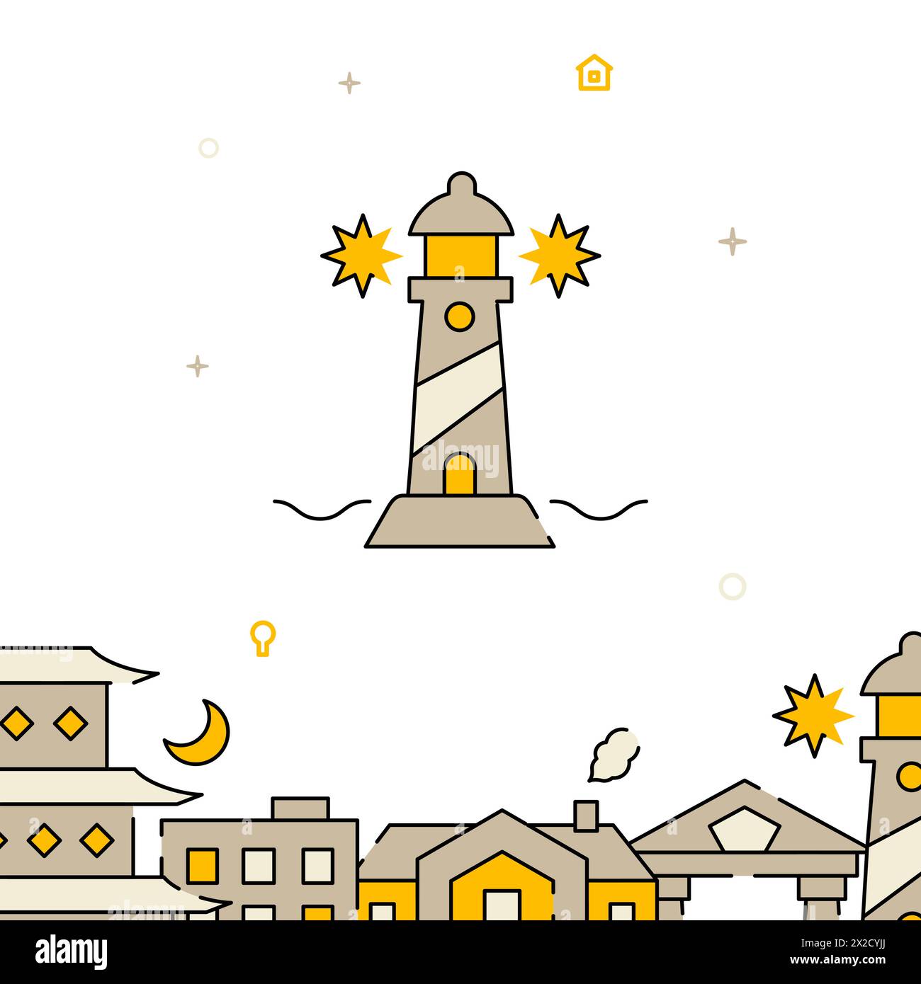 Lighthouse, seashore filled line vector icon, simple illustration, related bottom border. Stock Vector