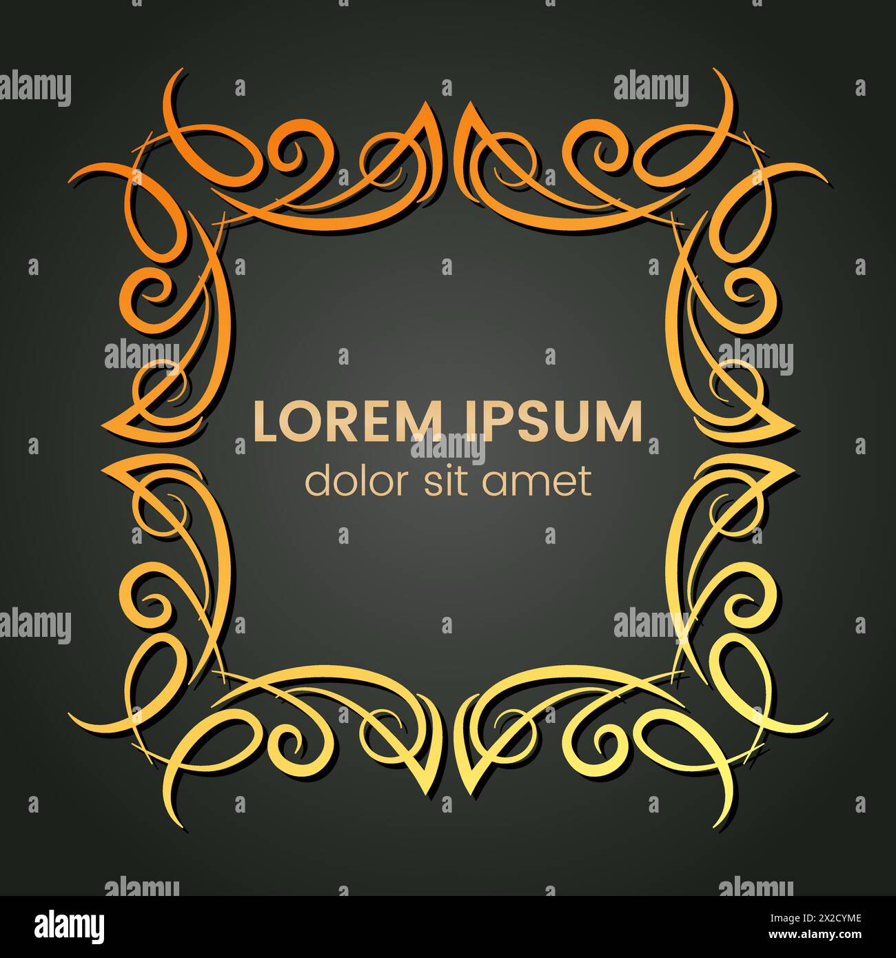 A square golden monogram element on a dark background. Vector illustration. Stock Vector