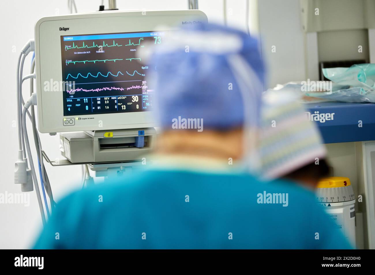 Vital signs screen, Surgery, Operating room, Onkologikoa Hospital, Oncology Institute, Case Center for prevention, diagnosis and treatment of cancer, Stock Photo