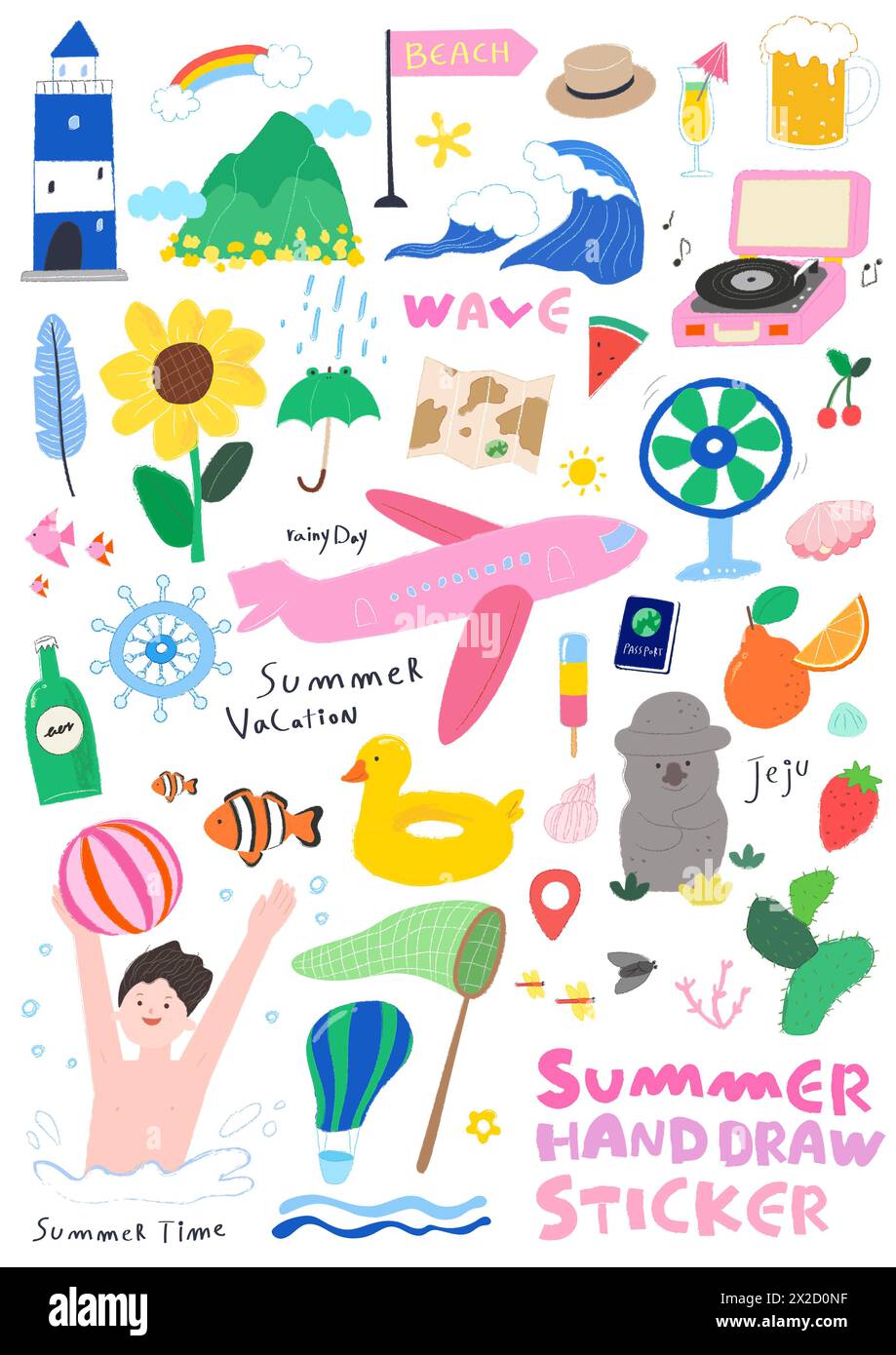 Various summer objects and person stickers Stock Photo