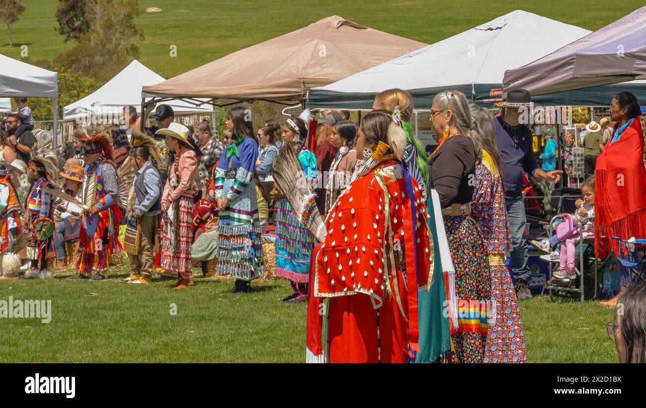 Malibu, California. April 6, 2024.  Chumash Day Pow Wow and Inter-tribal Gathering. The Malibu Bluffs Park is celebrating 24 years of hosting the Annu Stock Photo
