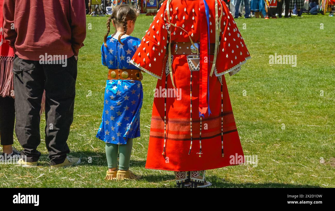 Malibu, California. April 6, 2024.  Chumash Day Pow Wow and Inter-tribal Gathering. The Malibu Bluffs Park is celebrating 24 years of hosting the Annu Stock Photo