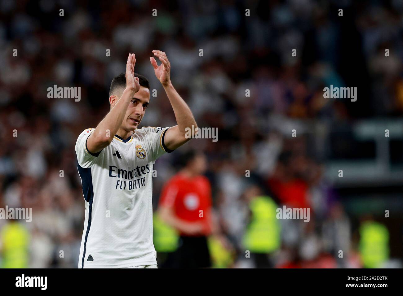 Madrid, Kingdom of Spain; 04/21/2024.- Real Madrid beats Barcelona 3-2 on matchday 32 of the Spanish Soccer League. Real Madrid with goals from Vinicius Jr. 12' (P), Lucas Vazque 73' and Jude Bellingham 90  1 wins the derby against Barcelona who scored two goals, Andreas Christensen 6' and Fermin Lopez Marin 69' Match held at the Santiago Bernabeu Stadium in the capital of the Kingdom of Spain. Photo: Juan Carlos Rojas Stock Photo