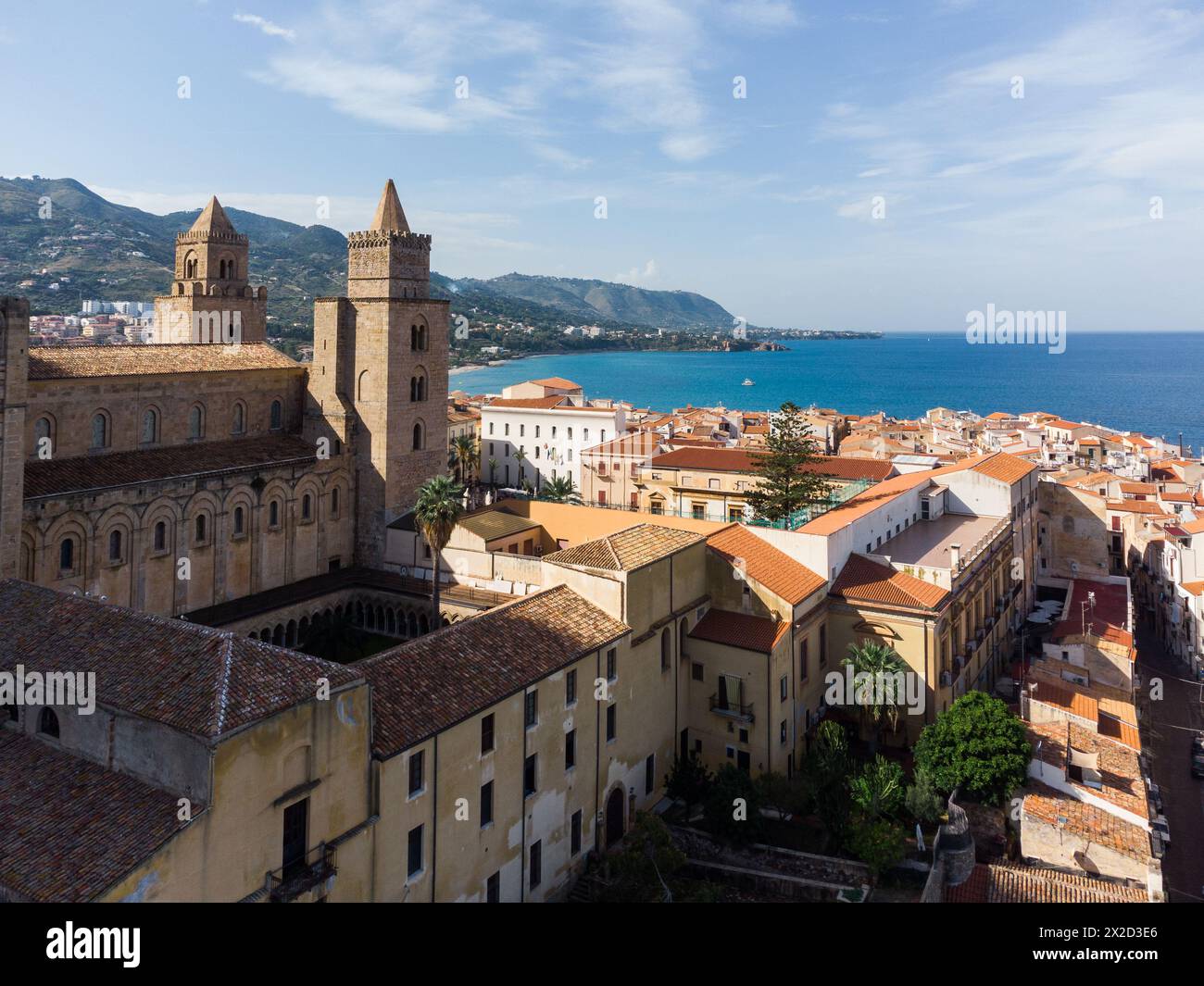 Cefalu, Italy: Aerial view of the famous Cefalu old town with its Norman mediveval cathedral in Sicily, Italy. The town is a very popular summer holid Stock Photo