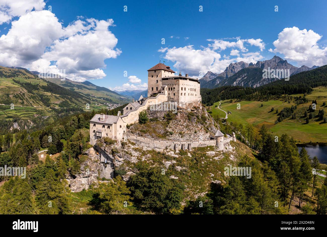 Aerial View Of The Famous Tarasp Castle Near Scuol In The Alps In Aerial View Of The Famous Tarasp Castle Near Scuol In The Alps In