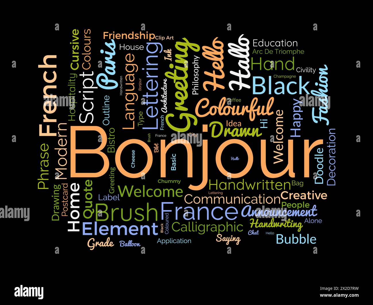 Bonjour word cloud template. Greeting concept vector background. Stock Vector