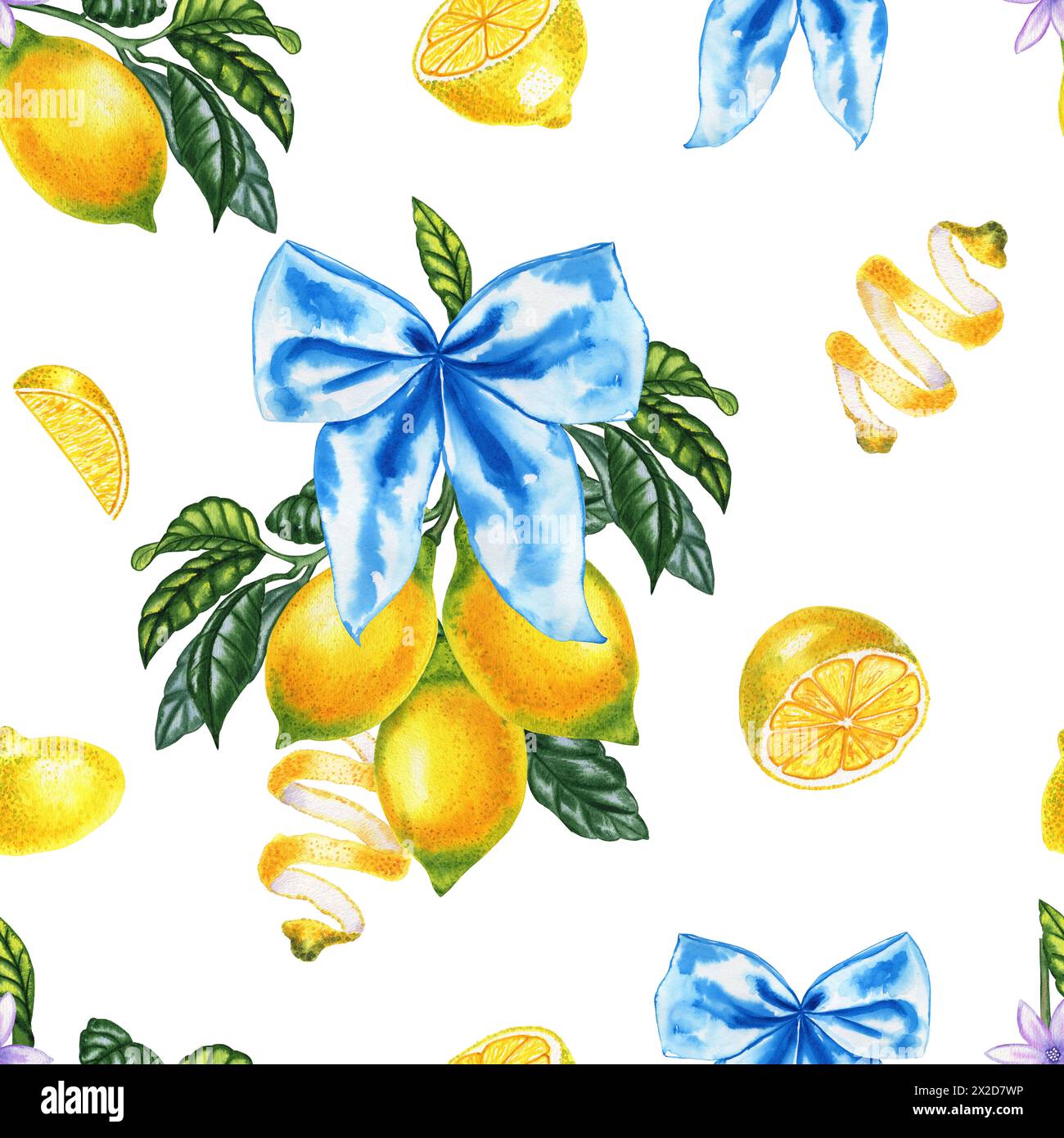 Lemons on branches tied with blue bows watercolor seamless pattern ...