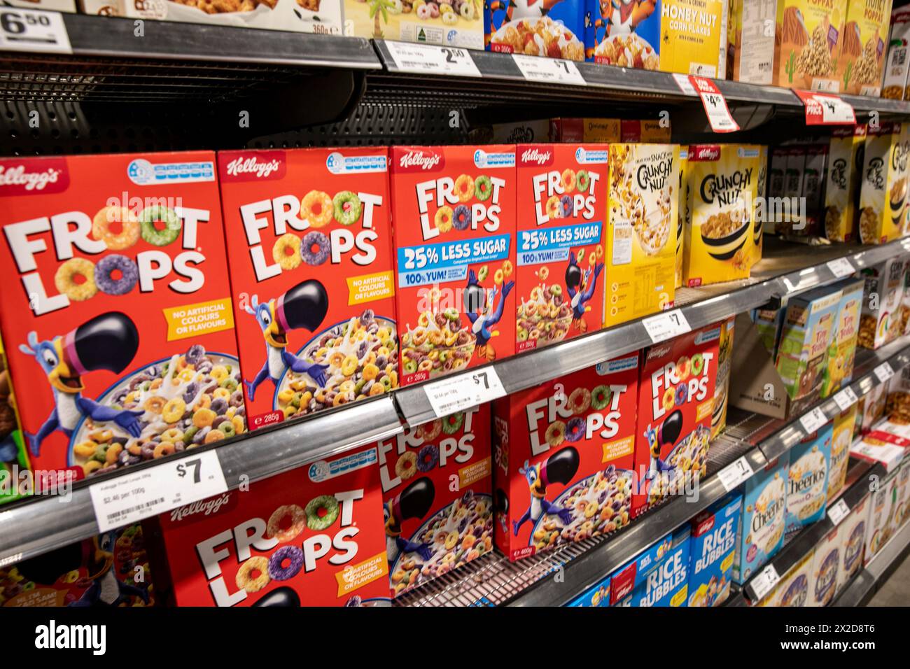 Kelloggs Fruit loops multi grain fruit flavoured cereal, boxes on supermarket shelf for sale,Australia Stock Photo