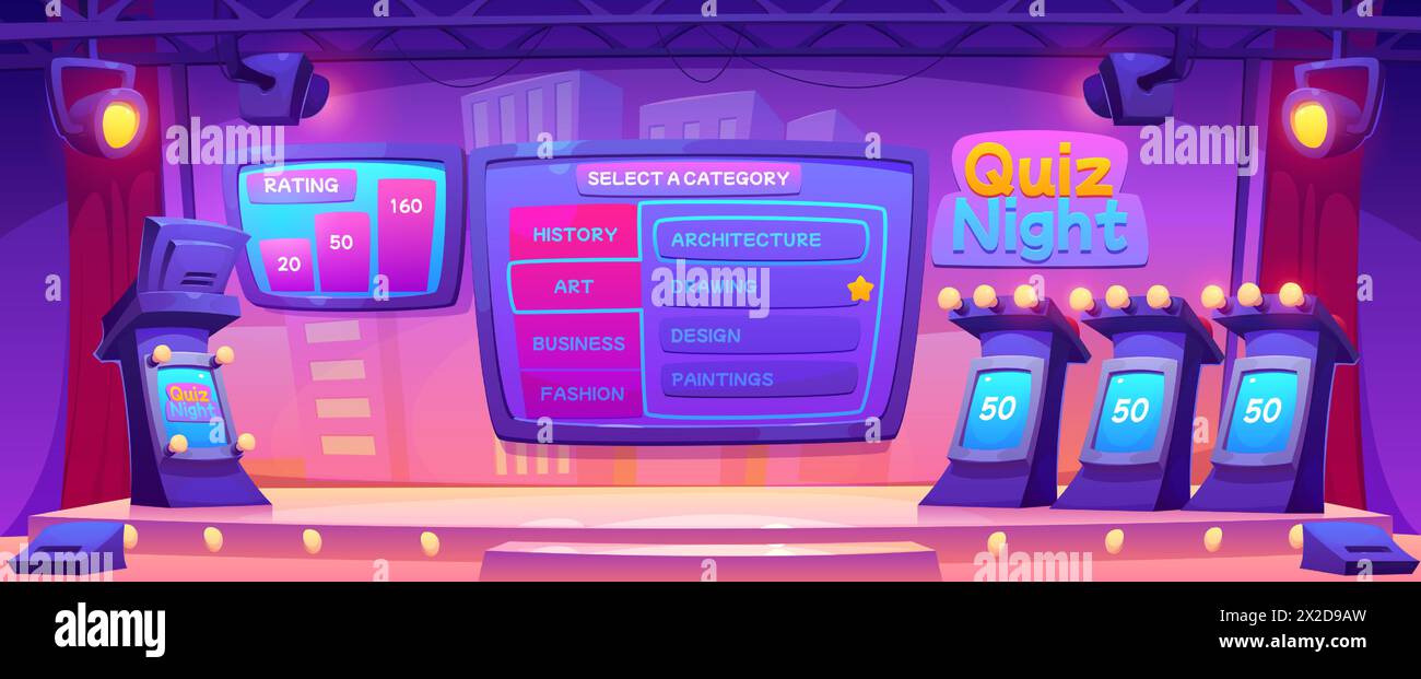 Quiz tv show stage with contest participants and presenter platforms ...
