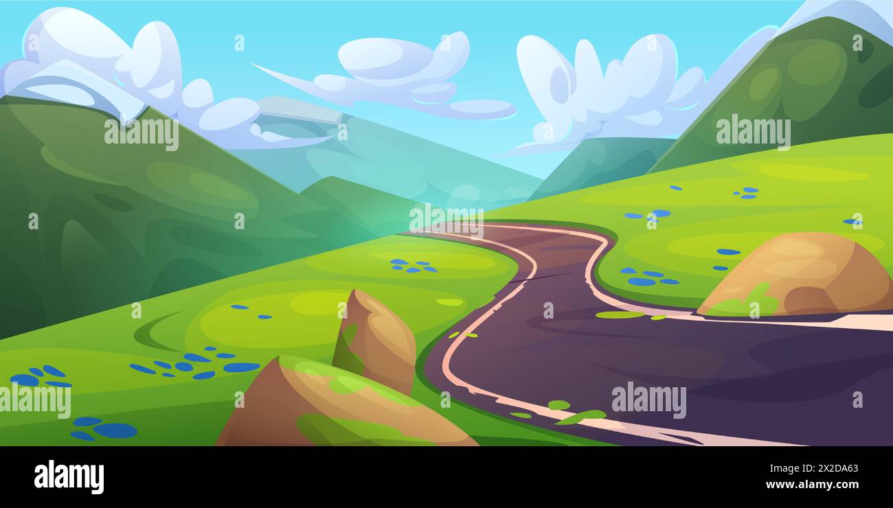 Summer day mountains landscape with winding road, green grass and rocks. Cartoon vector illustration of spring sunny scenery with empty asphalt serpentine highway, hills and blue sky with clouds Stock Vector