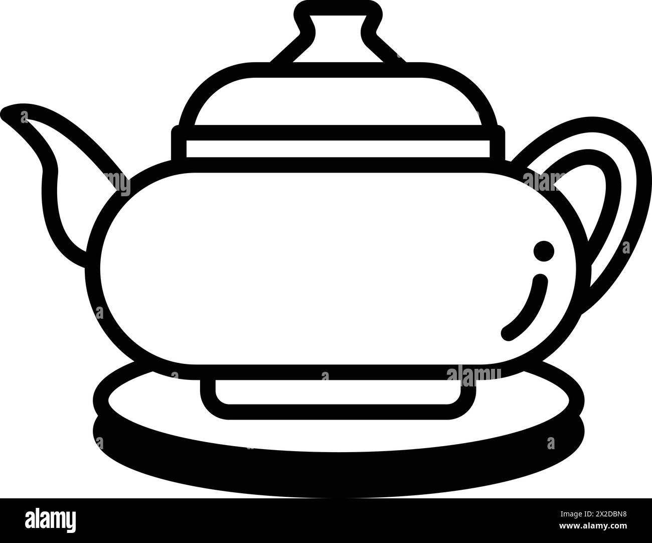 A black and white drawing of a teapot and saucer. The teapot is sitting on a saucer and has a lid on top. Concept of calm and relaxation, as the teapo Stock Vector