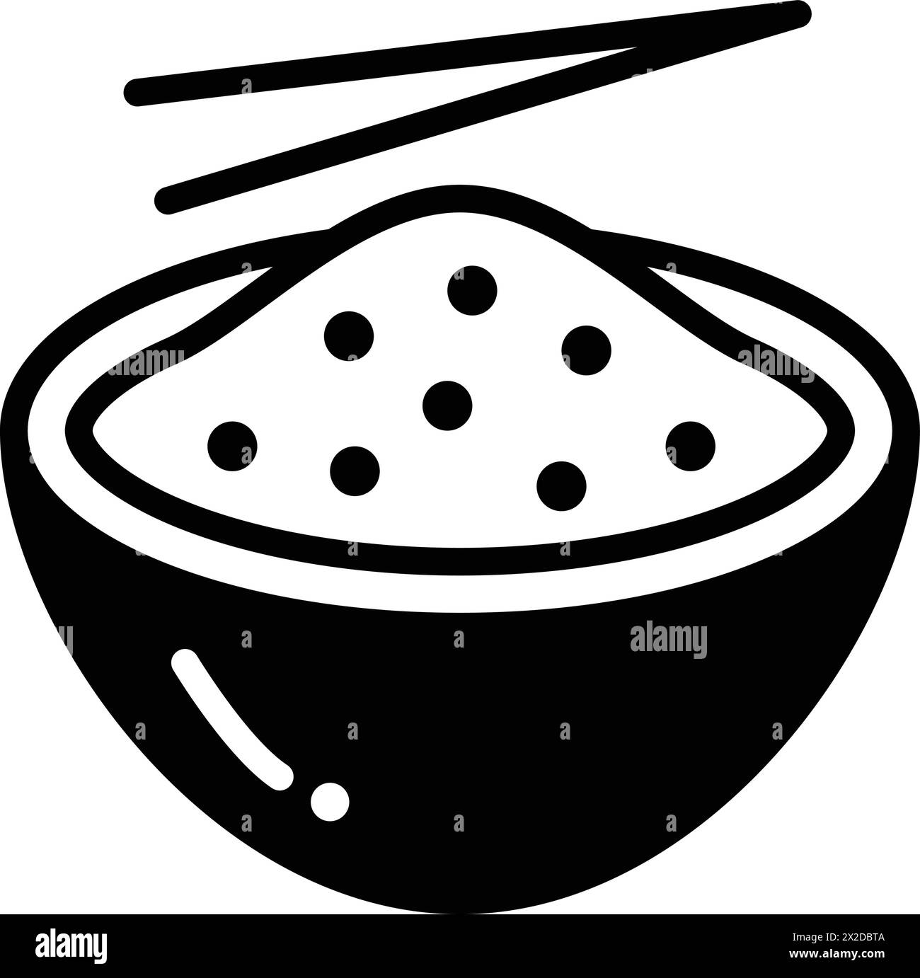 A bowl of food with chopsticks on top. The bowl is filled with rice and has a lot of small dots Stock Vector