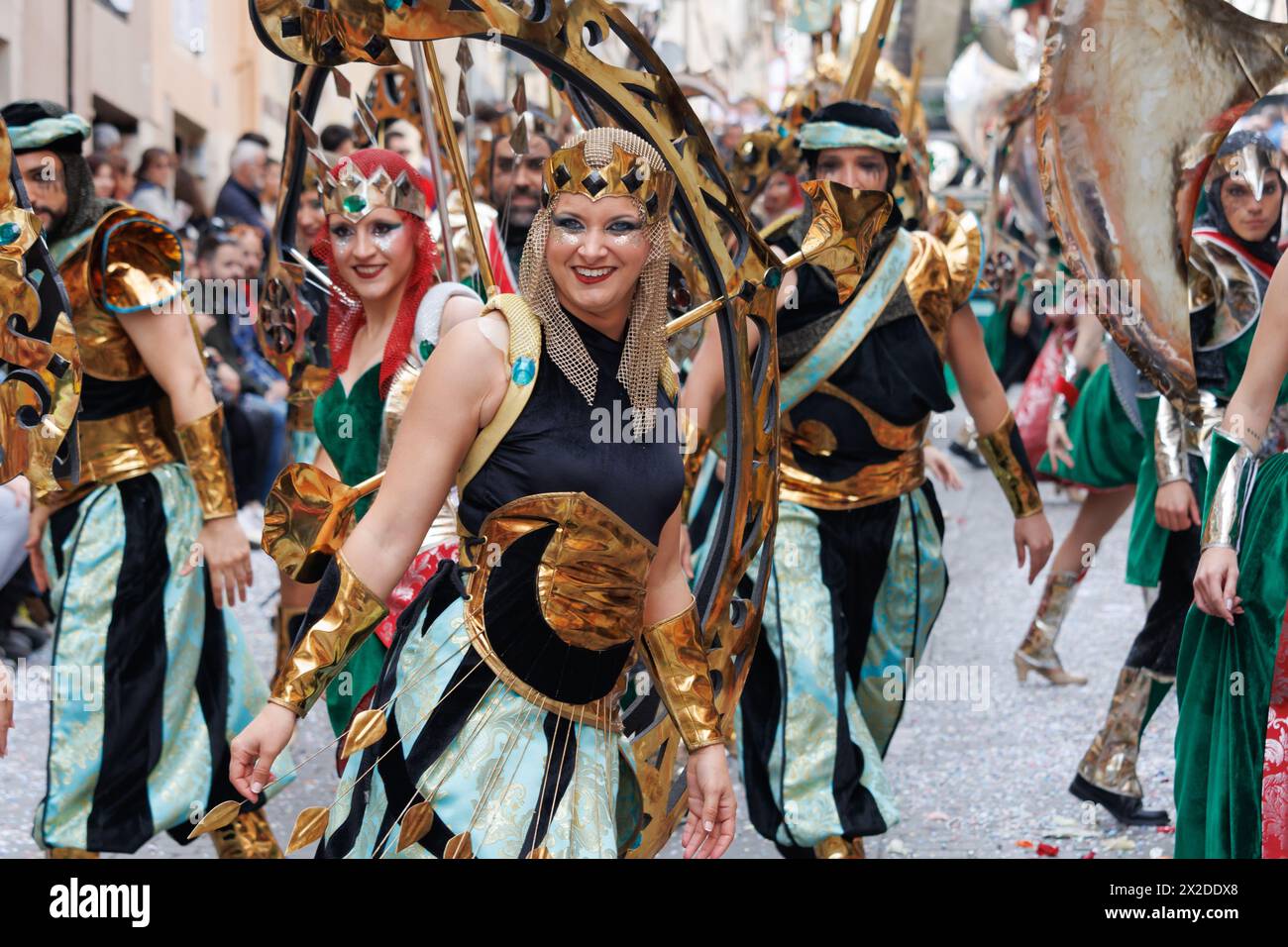 Alcoy, Spain, 04-20-2024: Ballet Gawazi in the parade of Moors and Christians accompanying the captain of the Alcodianos troupe Stock Photo