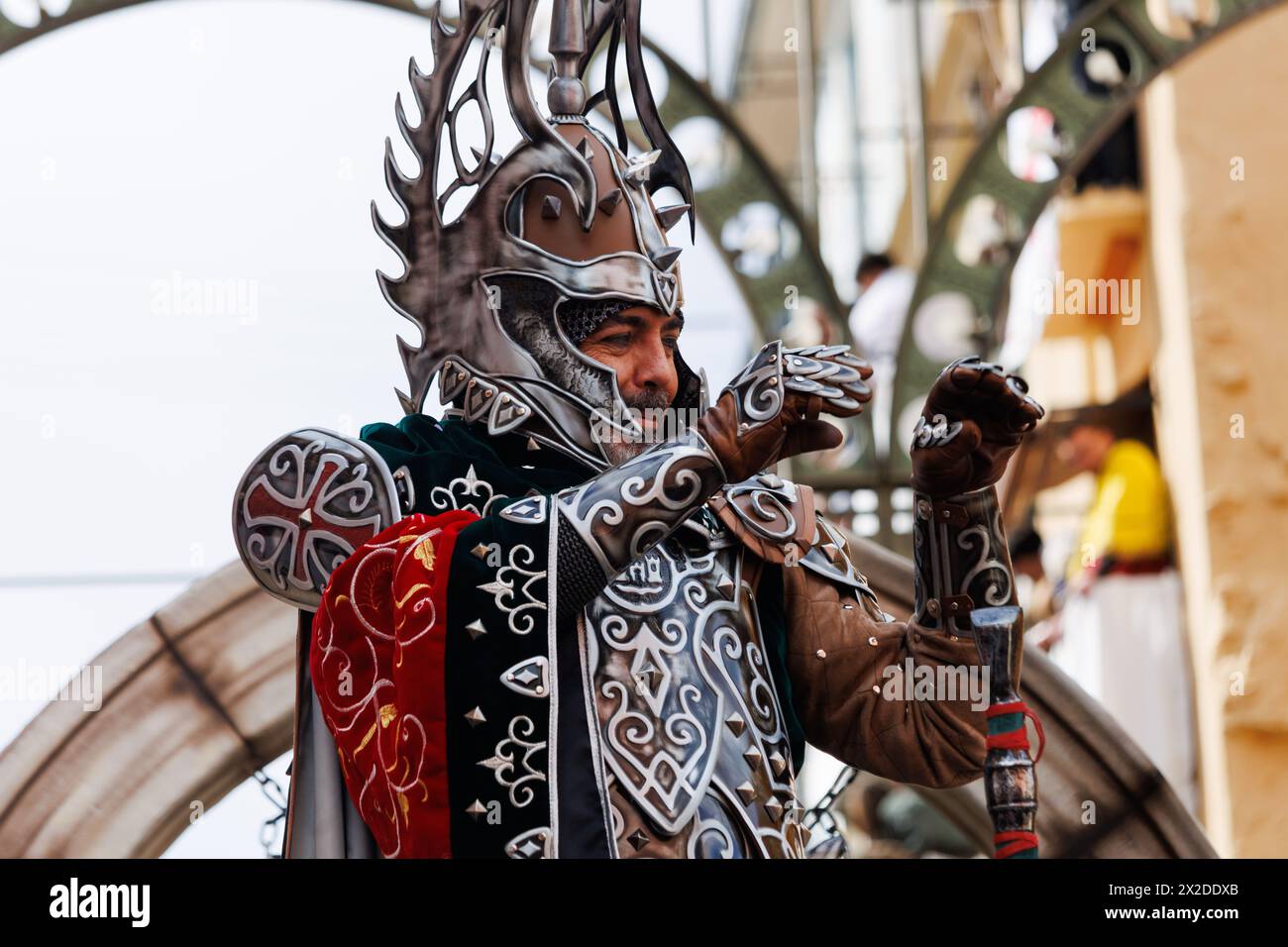 Alcoy, Spain, 04-20-2024: Christian captain of the Alcodianos troupe on his float in the Moors and Christians parade of Alcoy, a festival of internati Stock Photo