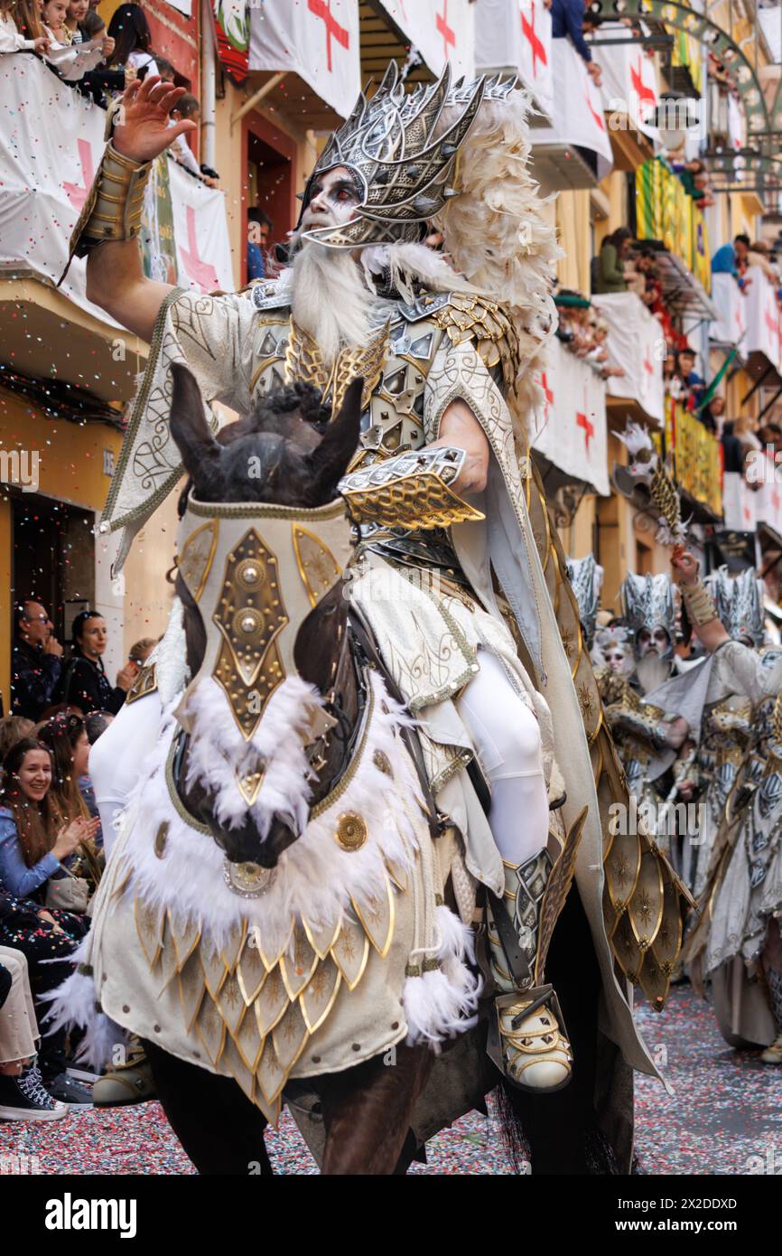 Alcoy, Spain, 04-20-2024: Special squad of the Alcodianos troupe for its captaincy in the Moors and Christians parade of Alcoy, a festival of internat Stock Photo