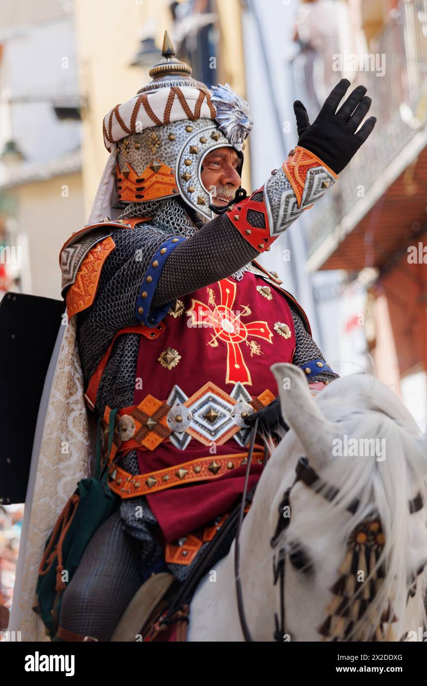 Alcoy, Spain, 04-20-2024: Special squad of the Mozarabes troupe for its hundredth anniversary in the Moors and Christians parade of Alcoy, a festival Stock Photo